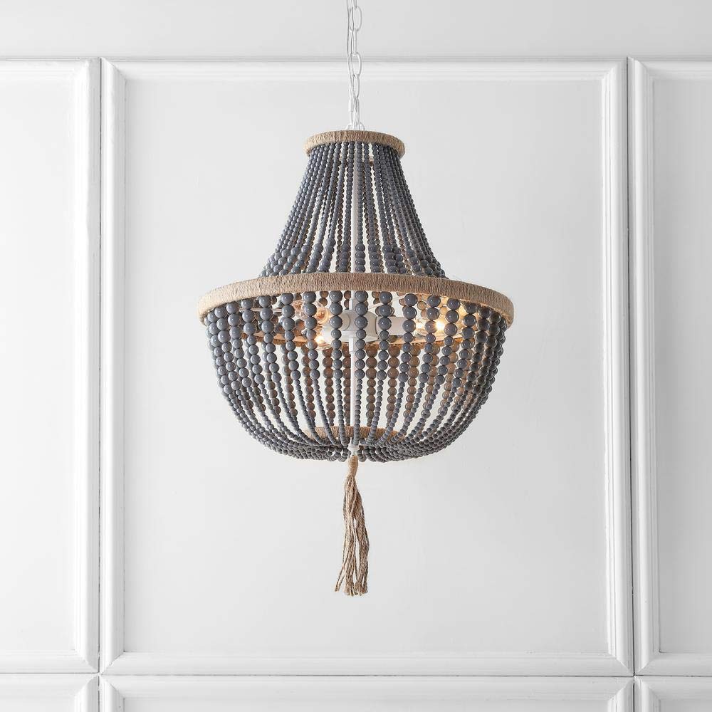 Safavieh Pendant Light Fixture, 3-Light Adjustable, Beaded with Tassel, 17 Inch, Gray, Acrylic, Model LIT4477C