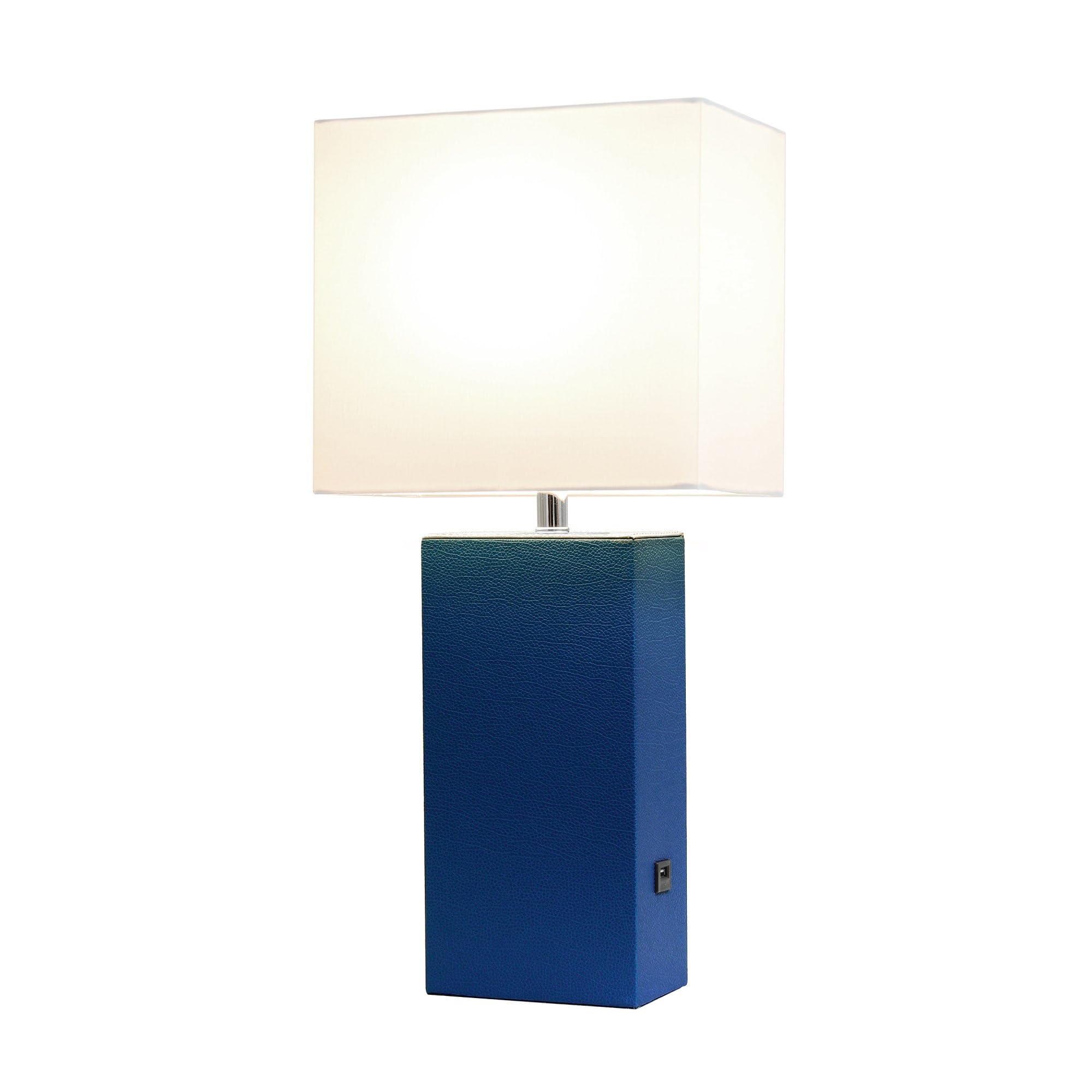 Elegant Designs Lt1053-Blu Modern Leather Usb And White Fabric Shade Table Lamp, Blue (Pack Of 1)