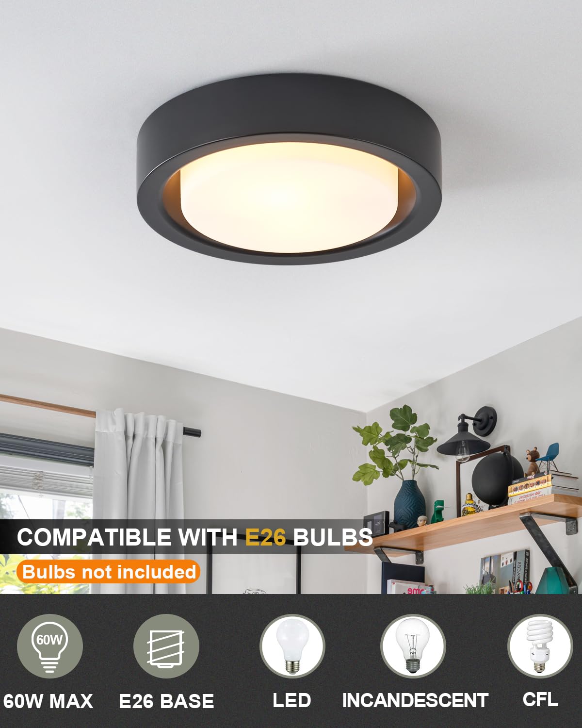Miaomeio 13 Inch Flush Mount Ceiling Light,Black Finish Plate With Frosted Glass Shade,Round Ceiling Lighting Fixture For Hallway Bedroom Closet Livingroom Kitchen Stairwell (Black)