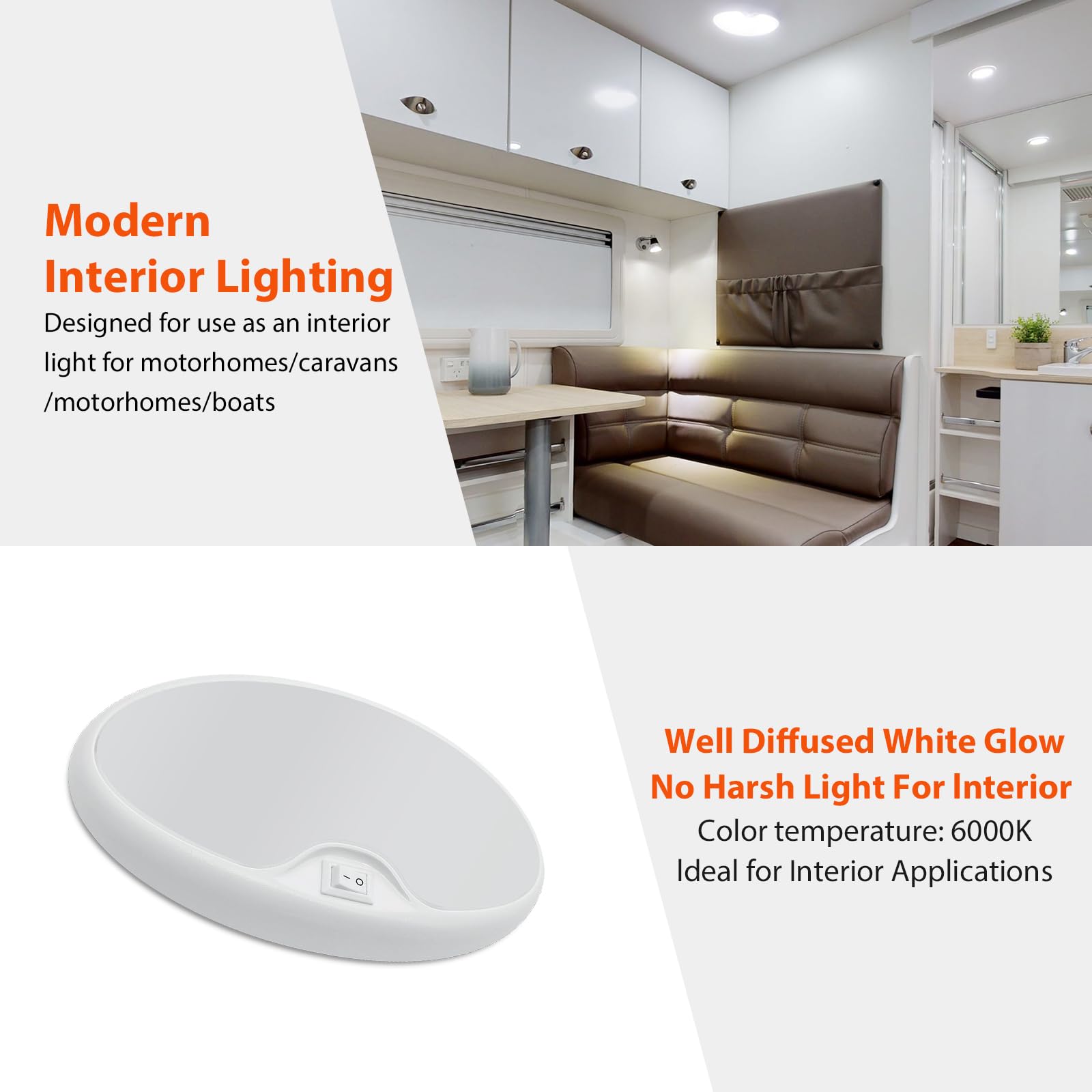 Dream Lighting 12V Led Rv Ceiling Dome Light Rv Interior Lighting For Trailer Camper With Switch, Cool White-5500K 390 Lumens