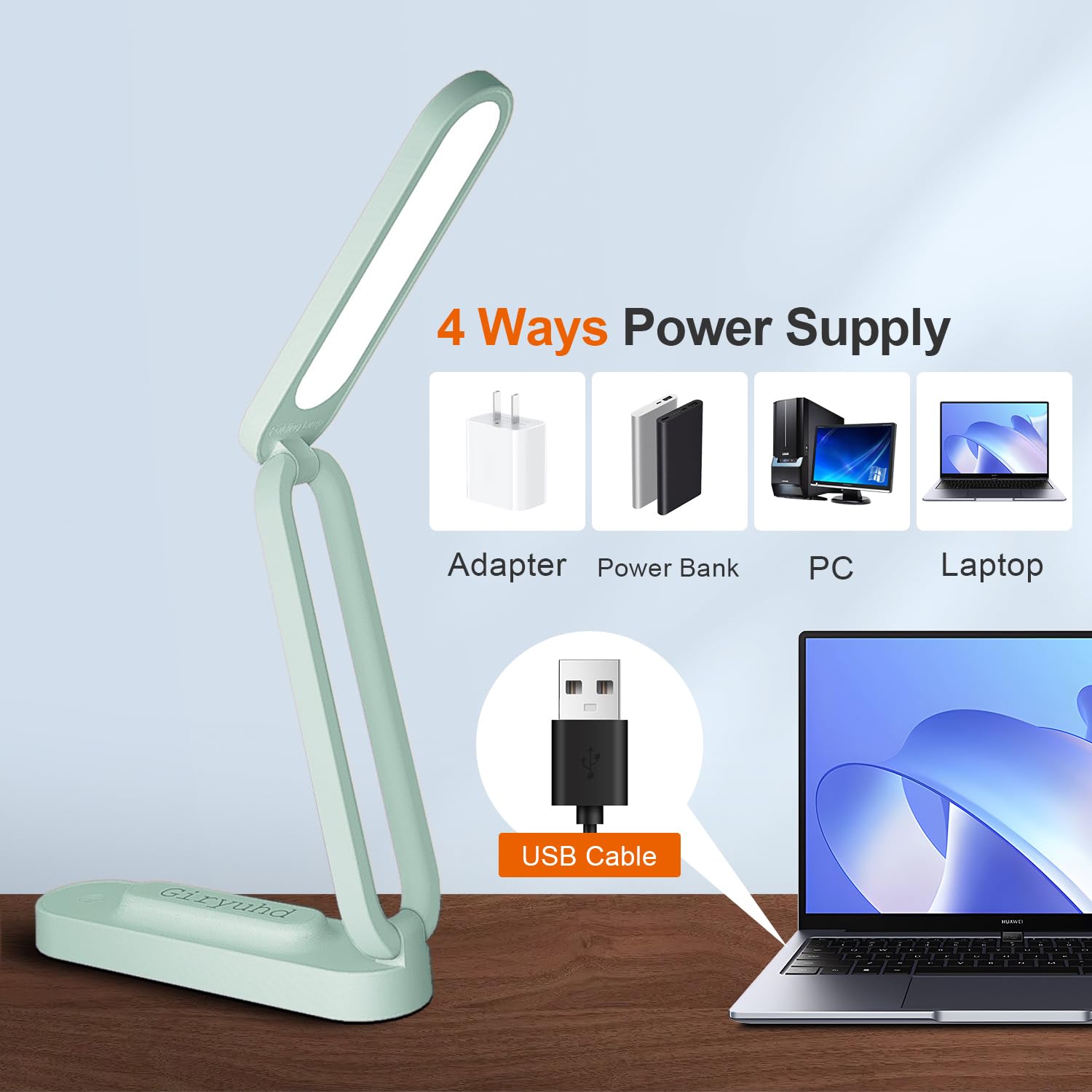 Giryuhd LED Desk Lamp, Rechargeable & Foldable, 3 Brightness Levels, Grayish Green, Model A211, Portable Light for Office/Home