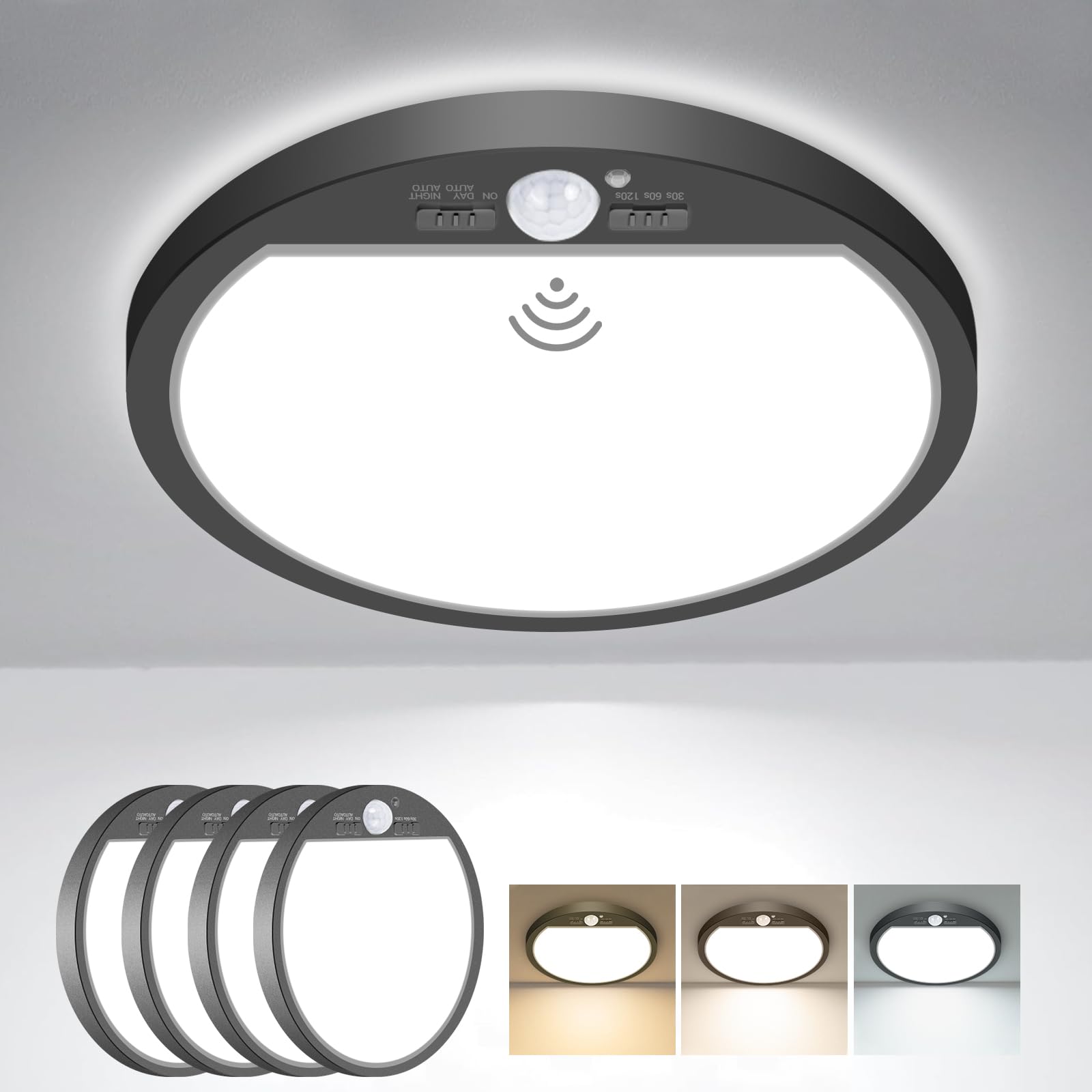 slochi Motion Sensor Ceiling Light, 18W 1800LM, 8.7 Inch, Black, 4 Pack, Plastic, 3000K/4000K/6500