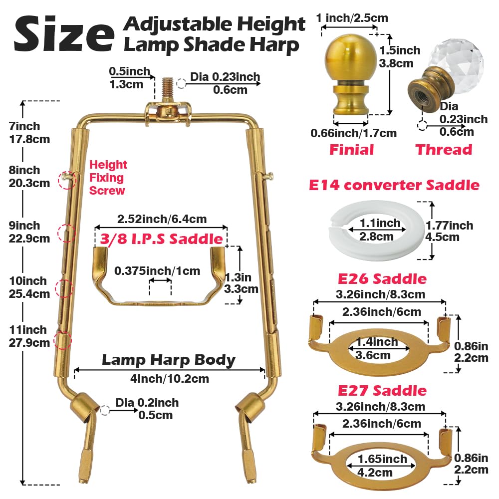Asjeumt 8 9 10 11 Inch Lamp Shade Harp Holder, Antique Gold Adjustable Height Harp Kit With Crystal & Metal Finial, Diy Replacem