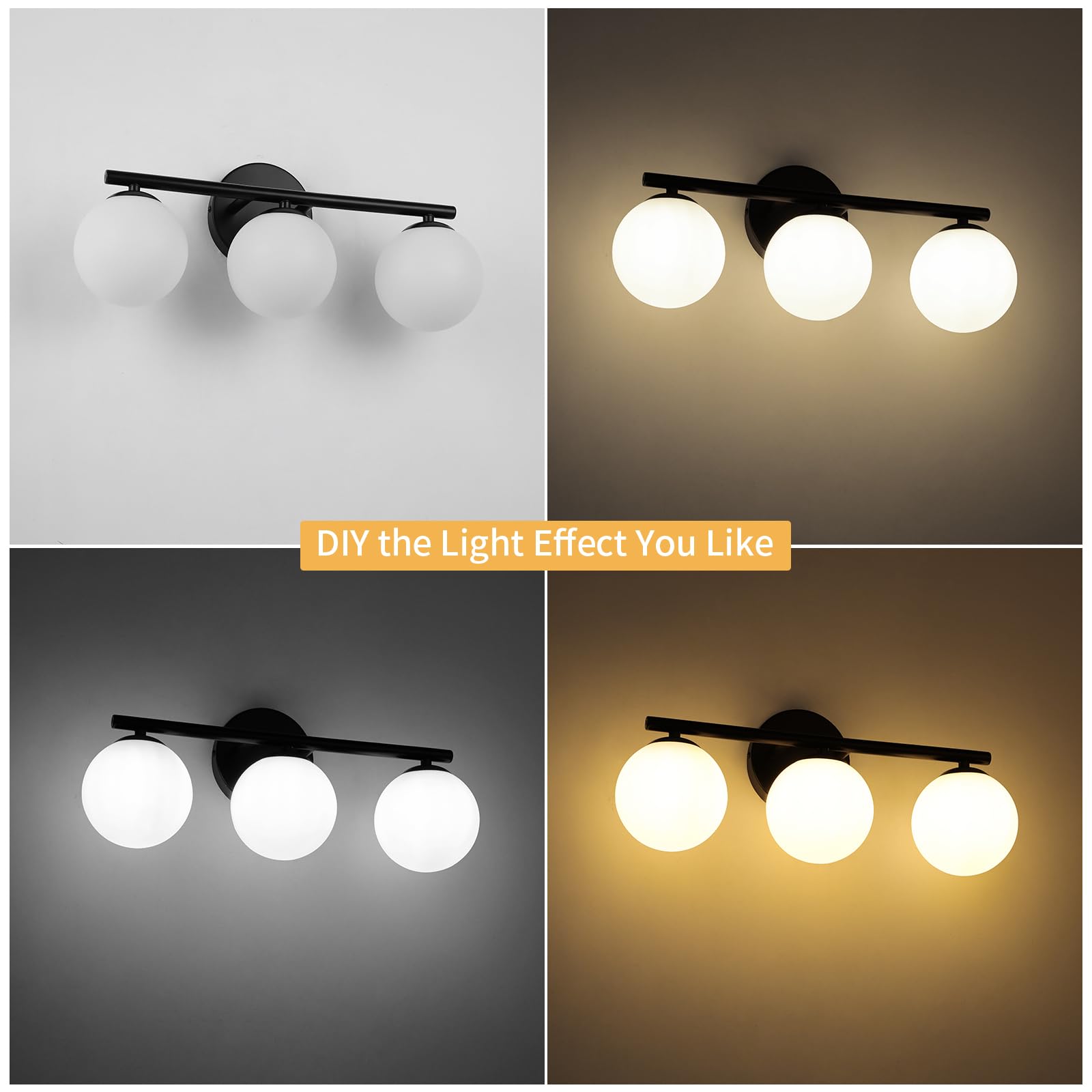foucasal 3-Light Black Globe Bathroom Vanity Light, 11.81" Wall Sconce with Milk White Shades, Model ULYQBD47-3A