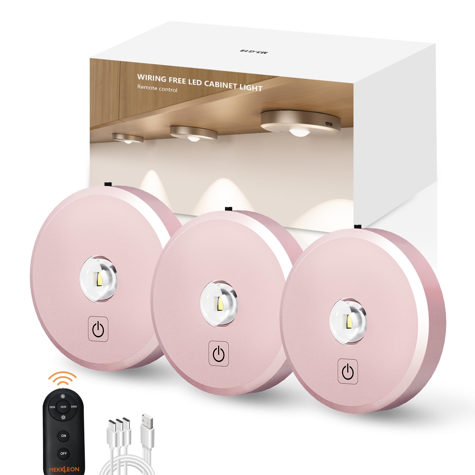 MEKKLEON Puck Lights with Remote Control, Rechargeable Metal, 3 Pack, Rose Gold, Model G3-G18