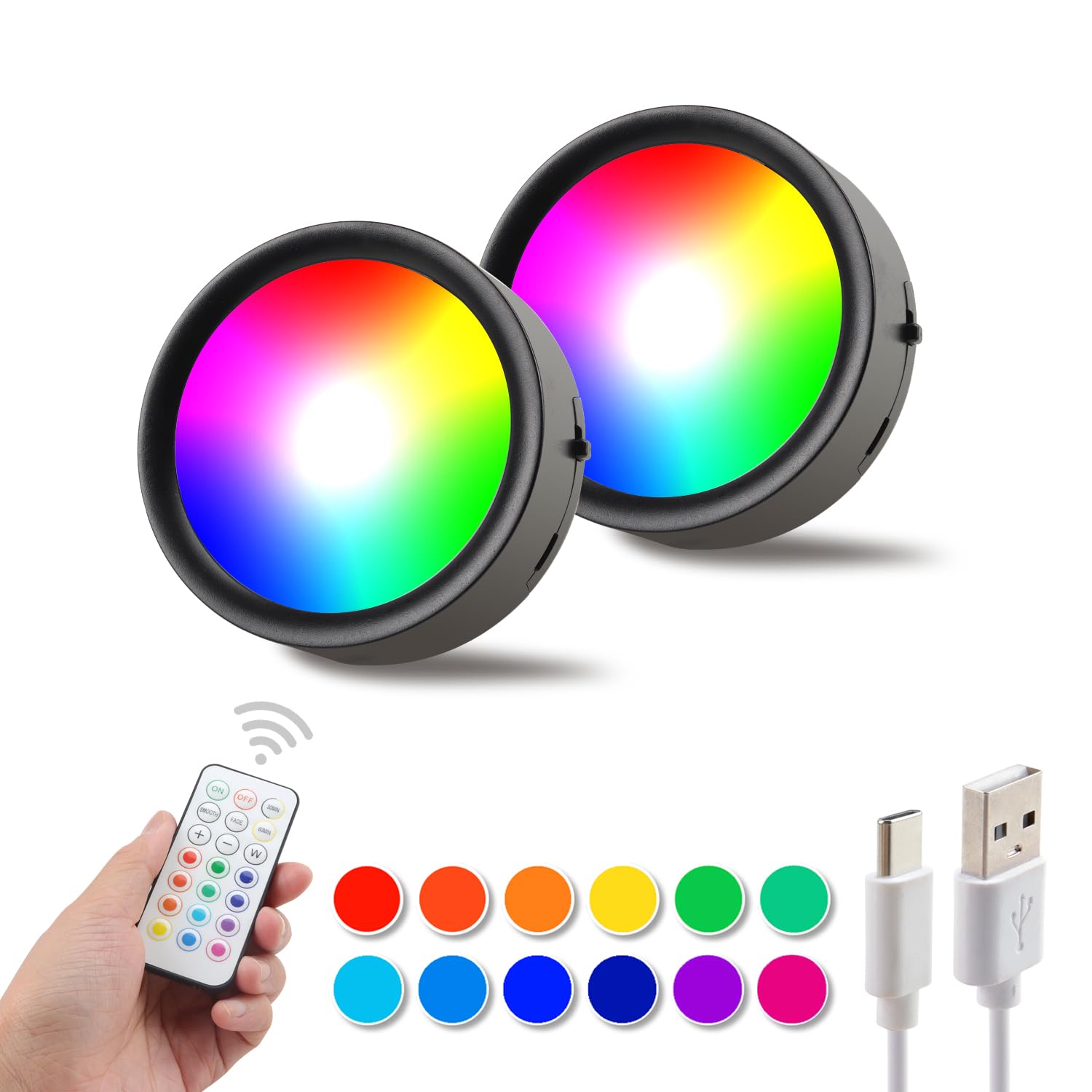 Dami Under Cabinet Lighting With Remote Control, Rechargeable Battery Operated Wireless Shelf Lights, Under Cabinet Lights Stick On Tap, Color Changing Puck Lights For Kitchen, 2 Pack, Black