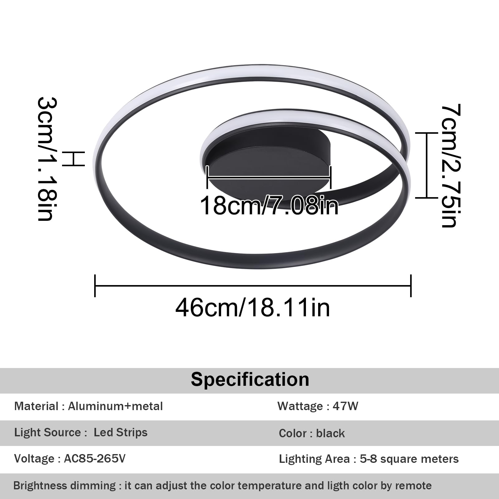 Kaniker LED Flush Mount Ceiling Light, Dimmable, 18in Round, Metal, Black-2, Remote Control, Model b9643578-5b3d-4f98-