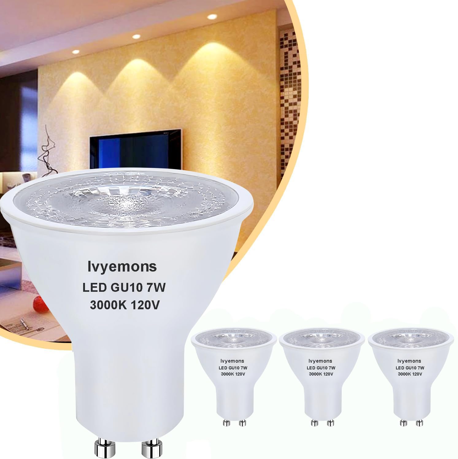 Ivyemons 3-Pack Gu10 Mr16 Led Bulb Dimmable  3000K Warm White  Energy Efficient 7W Equivalent 50W Traditional Bulbs  Gu10 Base  Replacement For Recessed Track Lighting