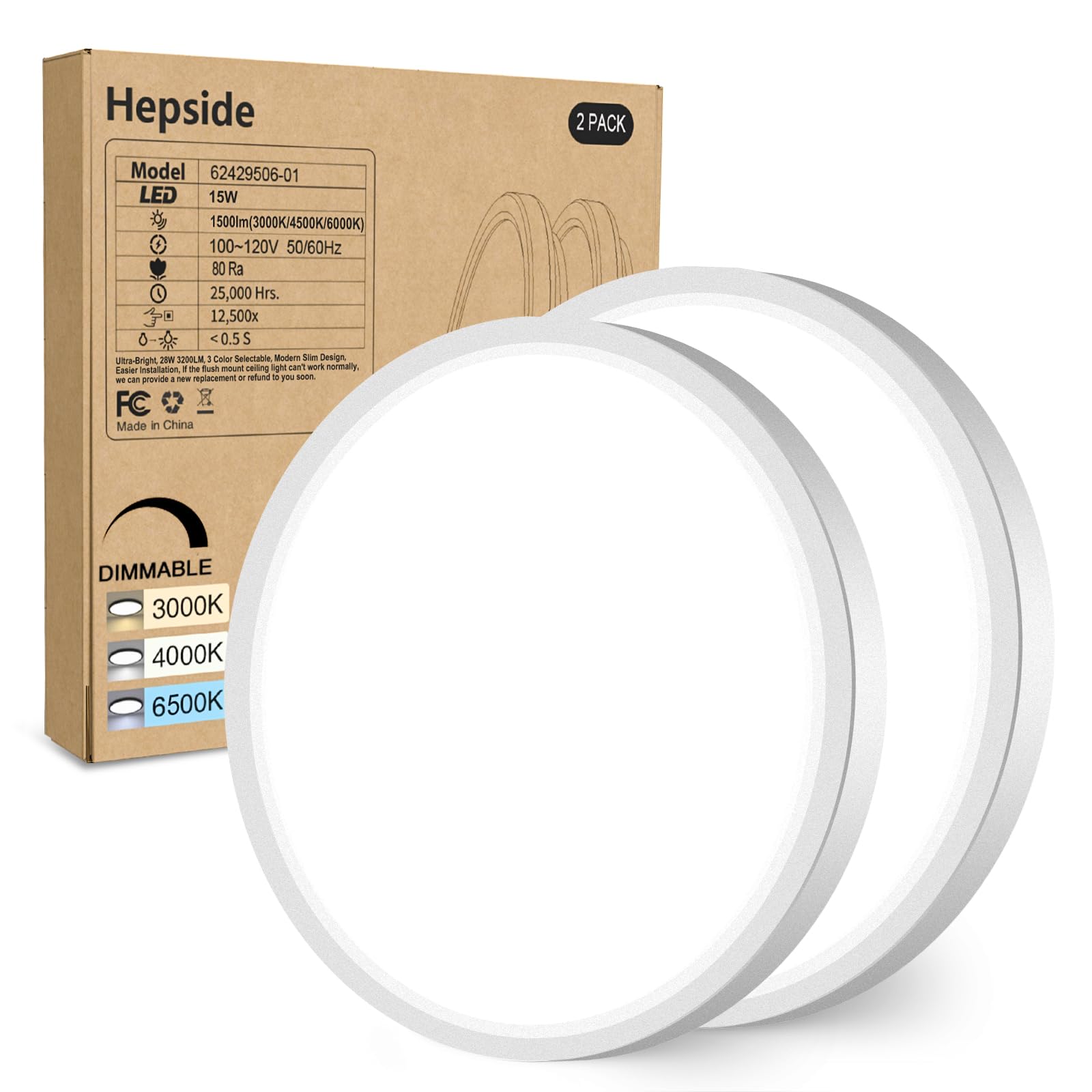 Hepside 2Pack Dimmable Flush Mount Ceiling Light Fixture White, 3Cct Selectable 3000/4000/6500K Ceiling Lamp, 7.5Inch 15W 1500Lm