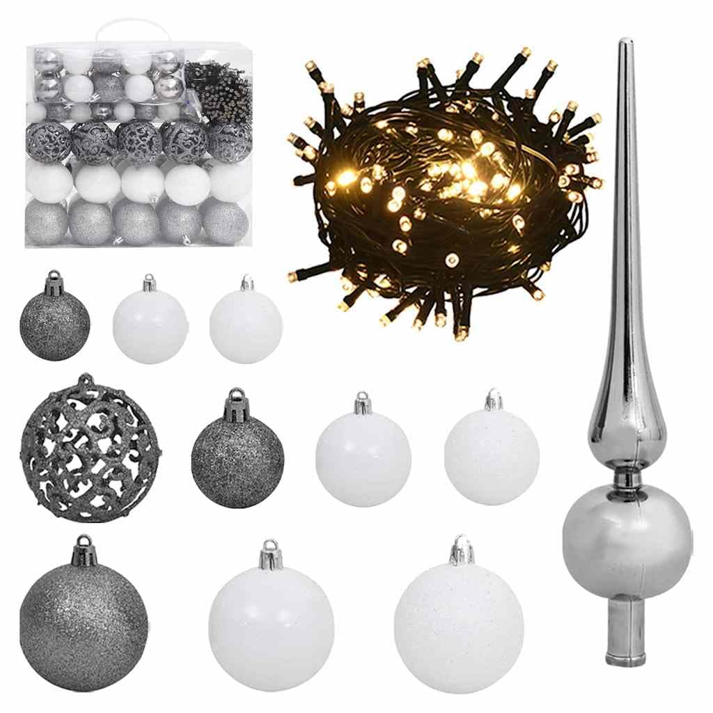 vidaXL 120-Piece Christmas Ball Set with 300 LEDs, Plastic, White and Gray, Model 330100, Holiday Decoration for Home and Office