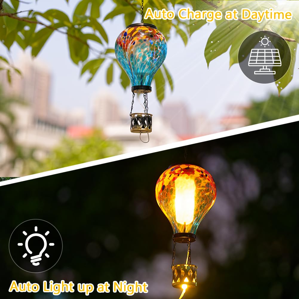 Giole Solar Hot Air Balloon Lantern Flickering Flame, Glass Hanging Solar Powered Lights, Waterproof Outdoor Garden Hanging Lant