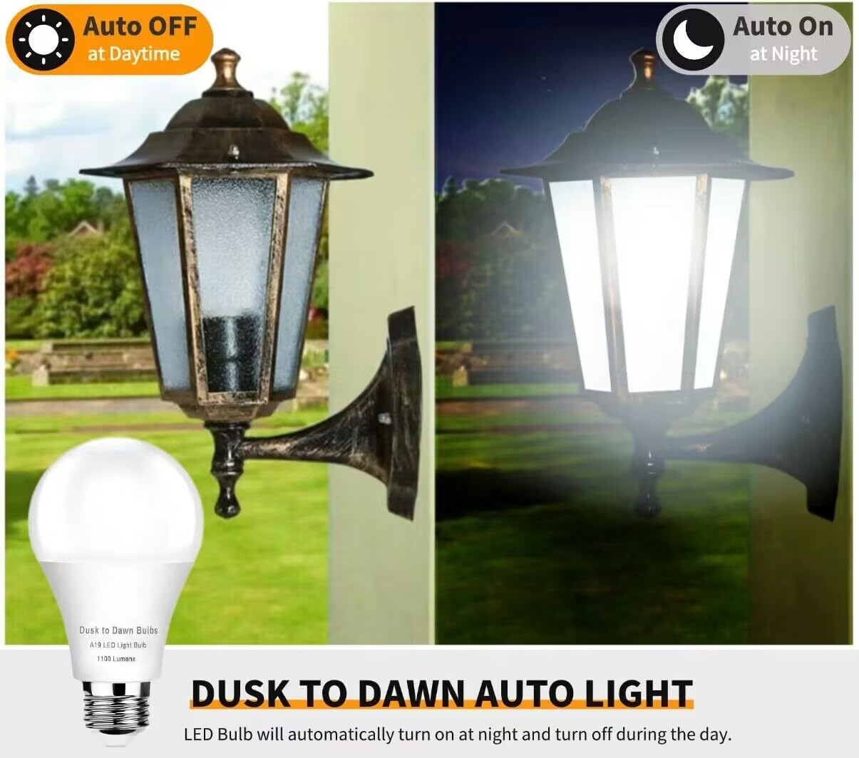 GEPLAD Dusk to Dawn LED Bulbs, 75W Equivalent, 10W Daylight 5000K, 1100 Lumen, 4-Pack A19 E26, Automatic