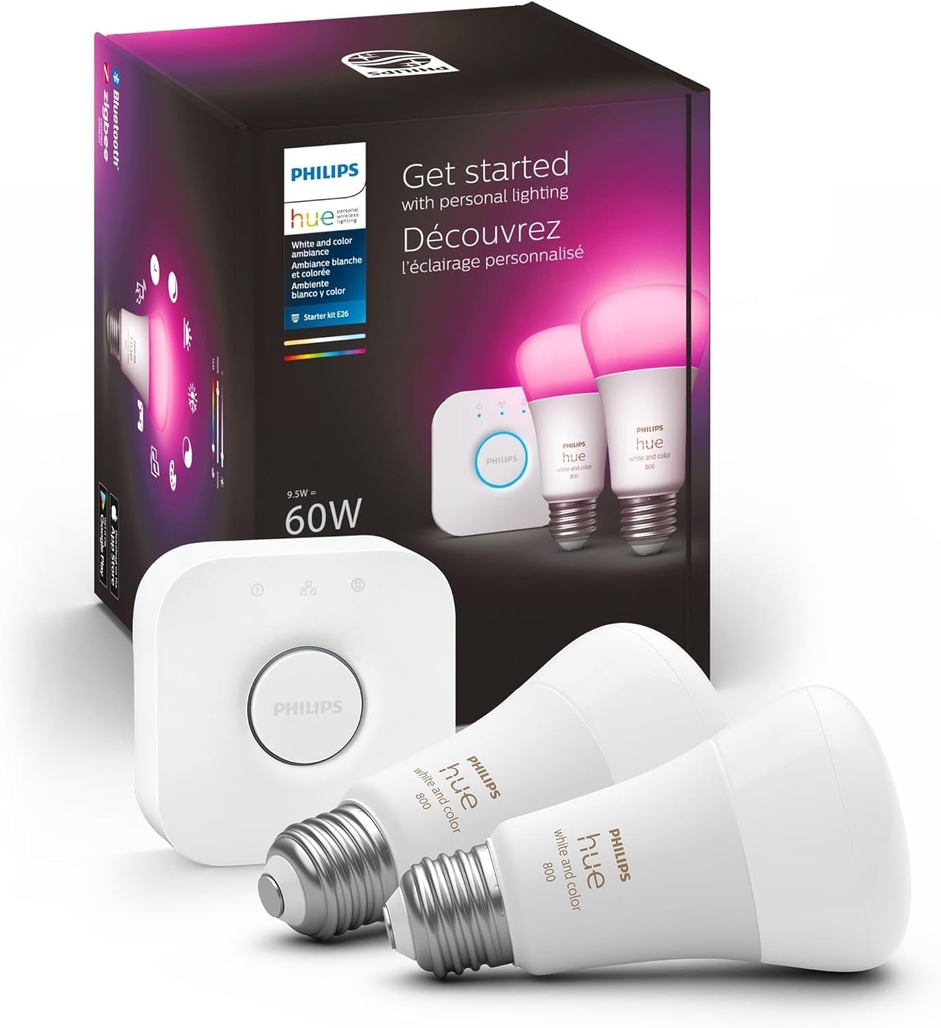 Philips Hue Smart Light Starter Kit - Includes (1) Bridge And (2) 60W A19 Led Bulb, White And Color Ambiance Color-Changing Ligh