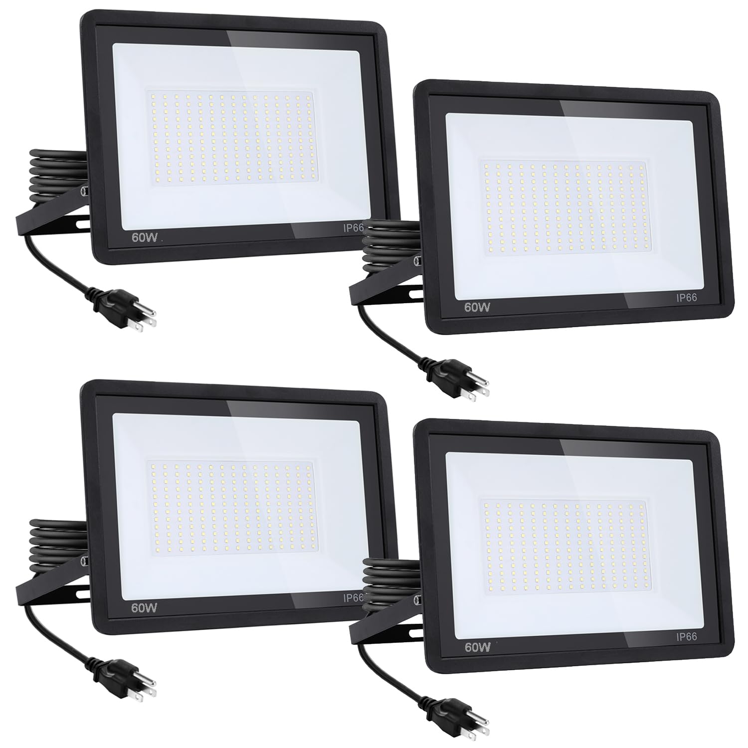 4Pack-60W LED Flood Light Outdoor 6600lm LED Work Light with 6FT US Plug IP66 Waterproof Exterior Security Lights 6000K Daylight White Outside Floodlights Slim design for Playground Yard Stadium