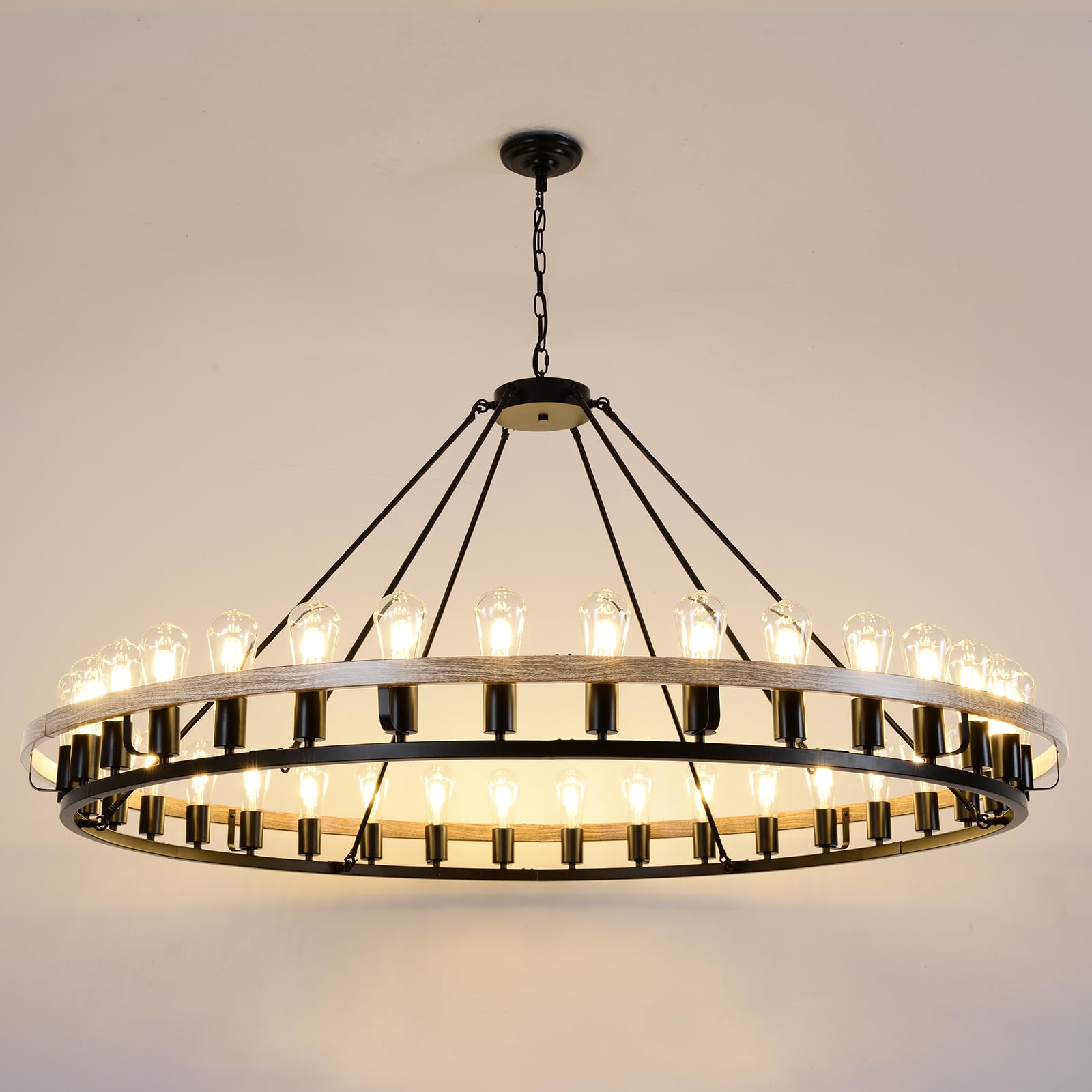 Wagon Wheel Chandelier 60-Inch 36-Light, Black And Oak Wood Tone Finish Round Rustic Farmhouse Chandelier Extra Large For High C