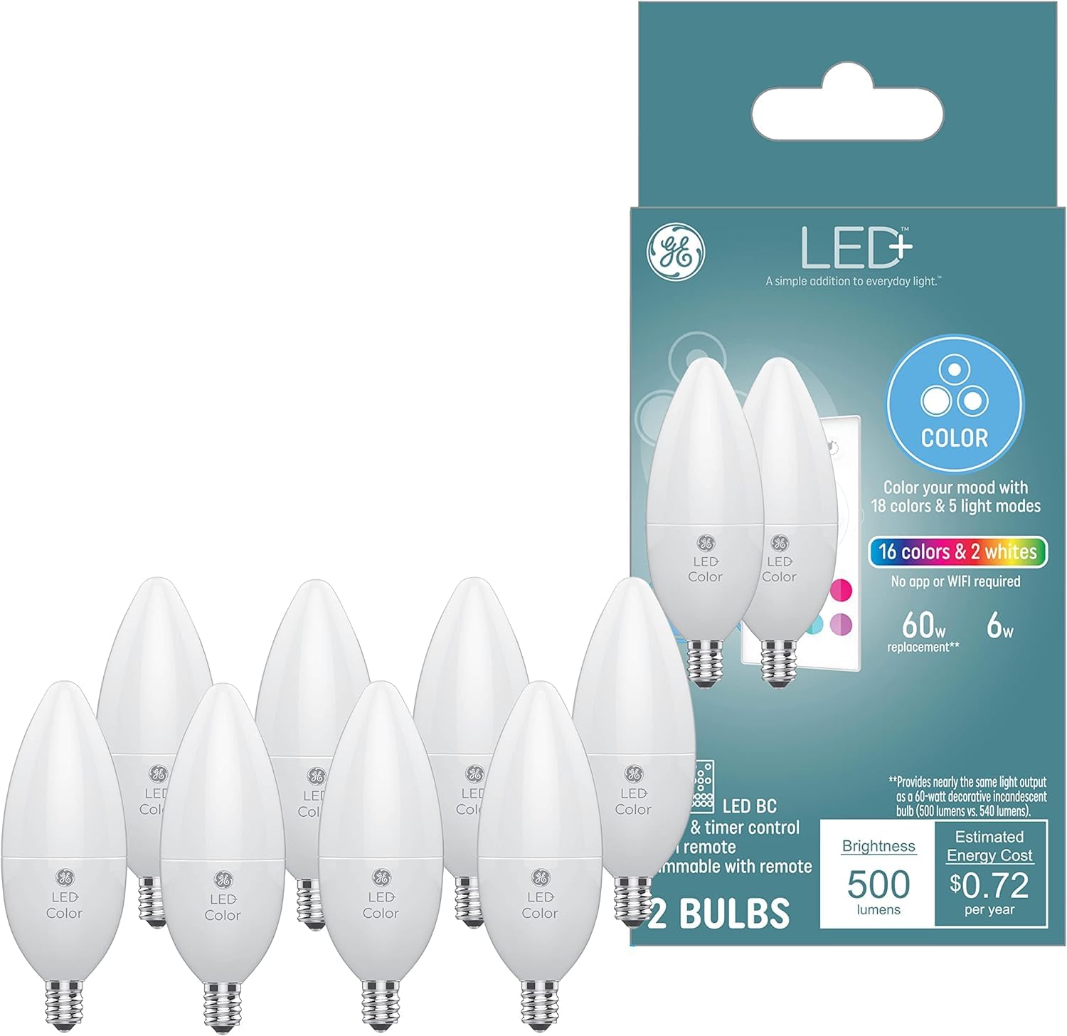 GE LED+ Color Changing Candle LED Light Bulbs with Remote, 6W, Decorative Bulbs, Small Base (8 Pack)