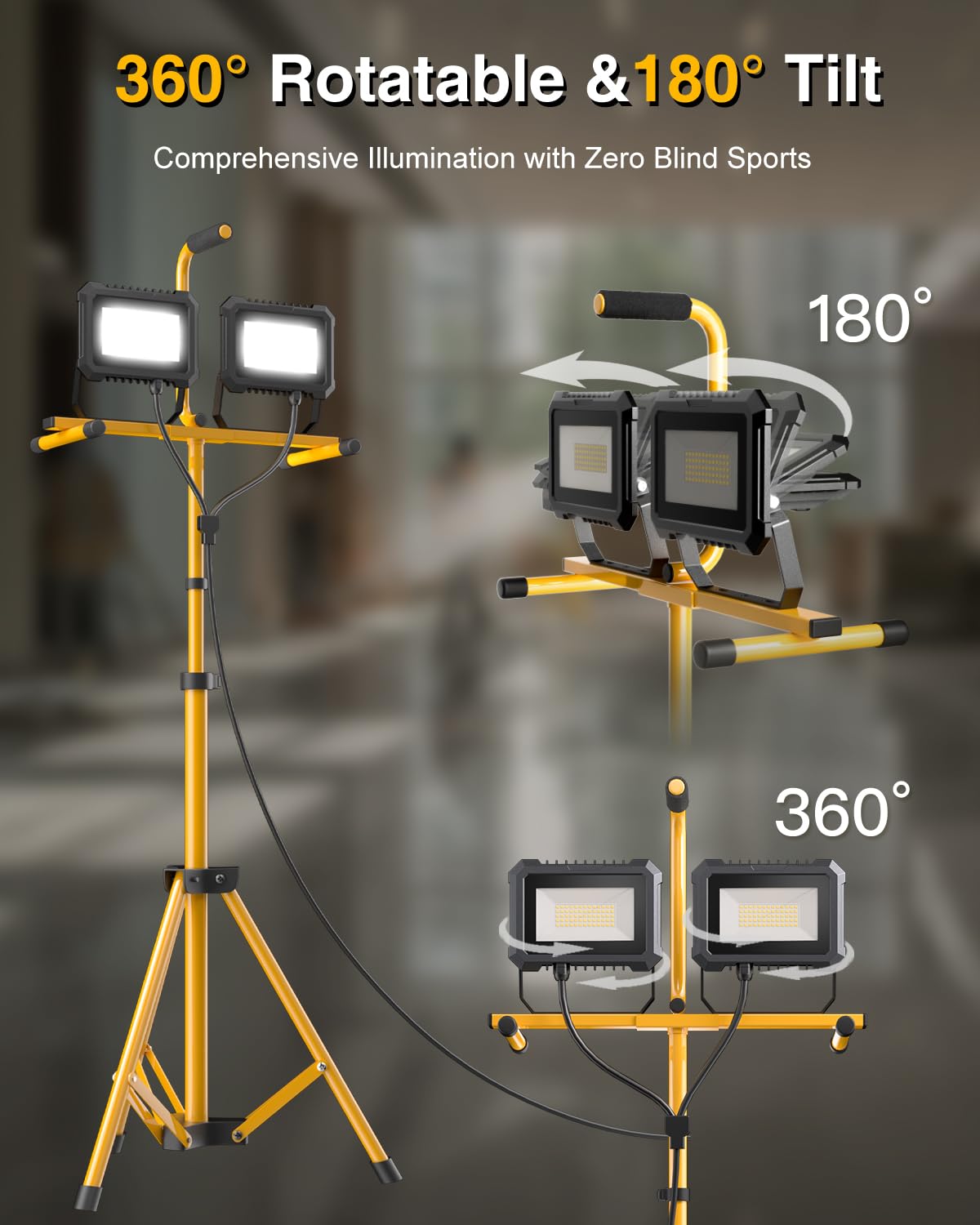 Led Work Light With Stand, 10000 Lumen 2 Head Portable Work Lights On Stand, With Adjustable And Foldable Tripod Stand, Waterpro