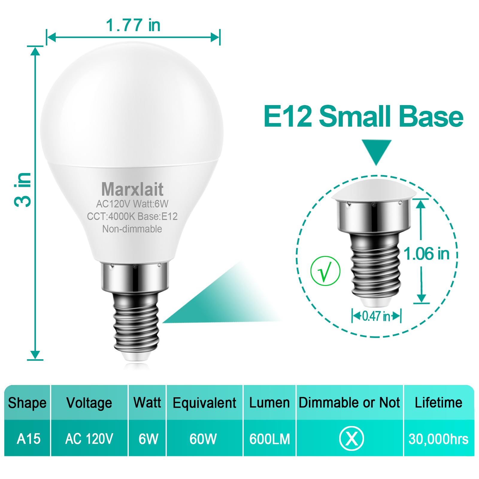 12 Pack E12 Ceiling Fan Light Bulbs, 60W Equivalent, Natural Daylight 4000K, Small Base Led Candelabra Light Bulb, Bright A15 Le