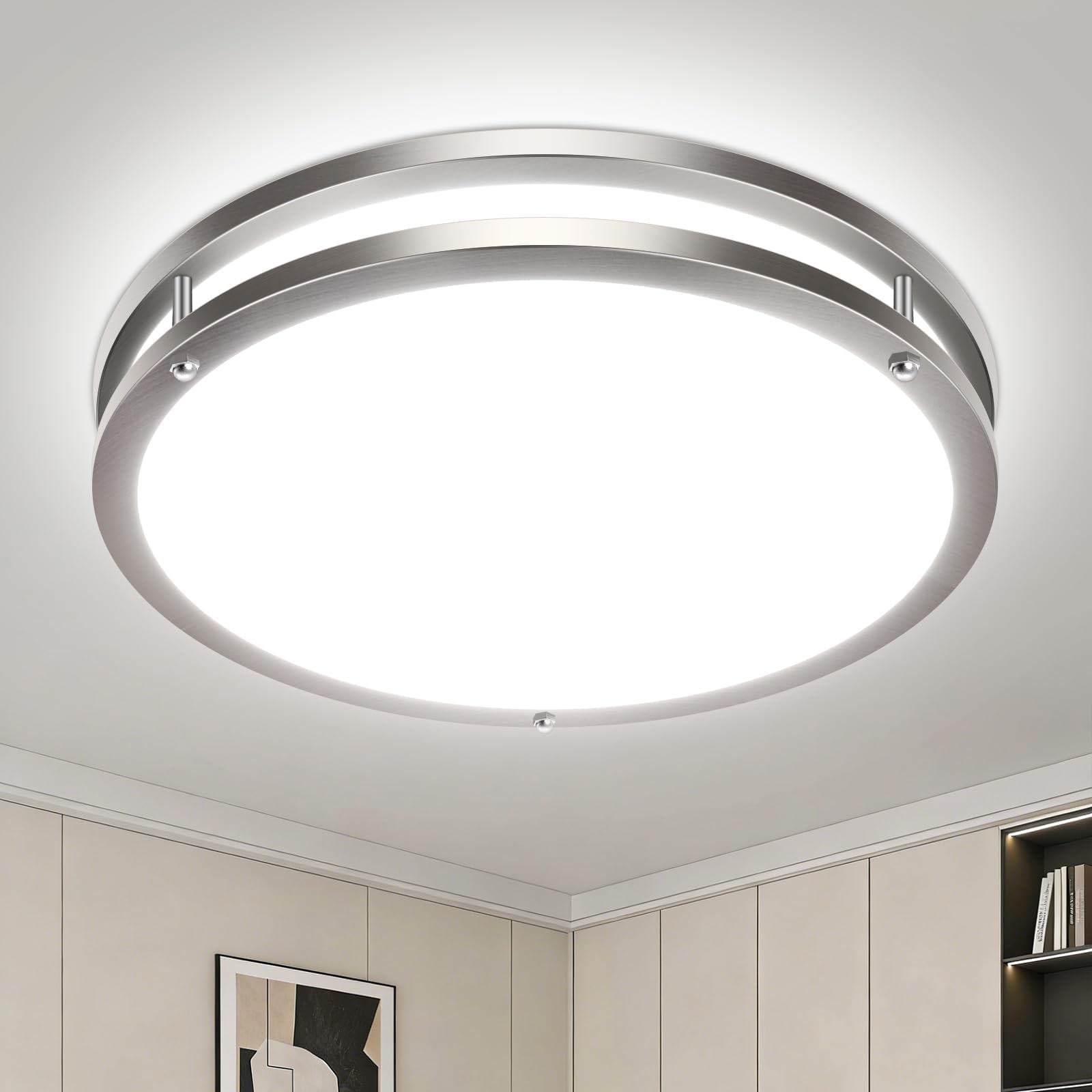 libtit 13-Inch Flush Mount Ceiling Lights  Dimmable 3000K-6500K Adjustable LED Ceiling Light  24W Round Slim Light Fixture  Brushed Nickel for Kitchen  Bedroom  Bathroom  Hallway-1 Pack