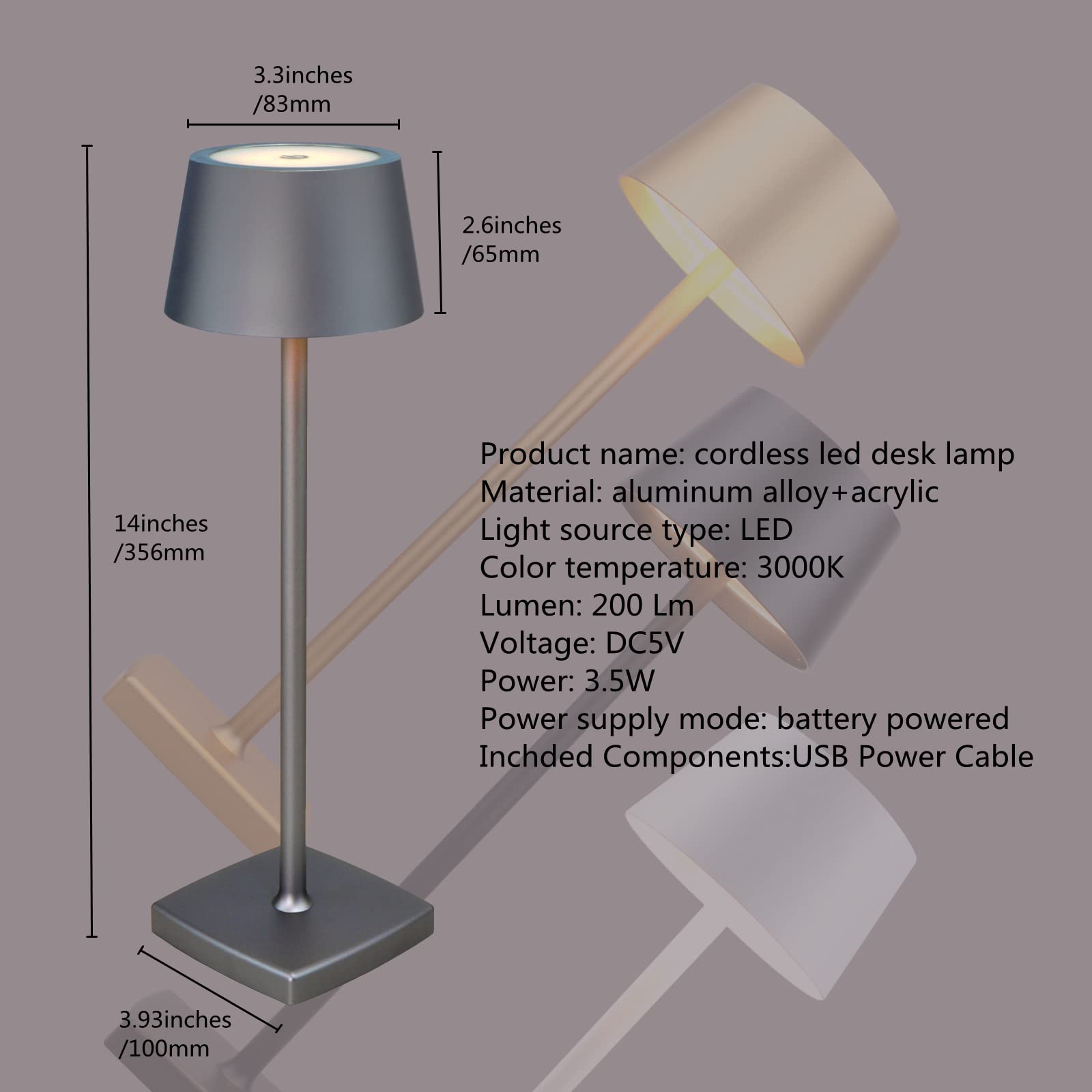 Amhshkou Rechargeable Led Cordless Table Lamps, Aluminum, Dimmable,Suitable For Indoor And Outdoor Lighting Grey