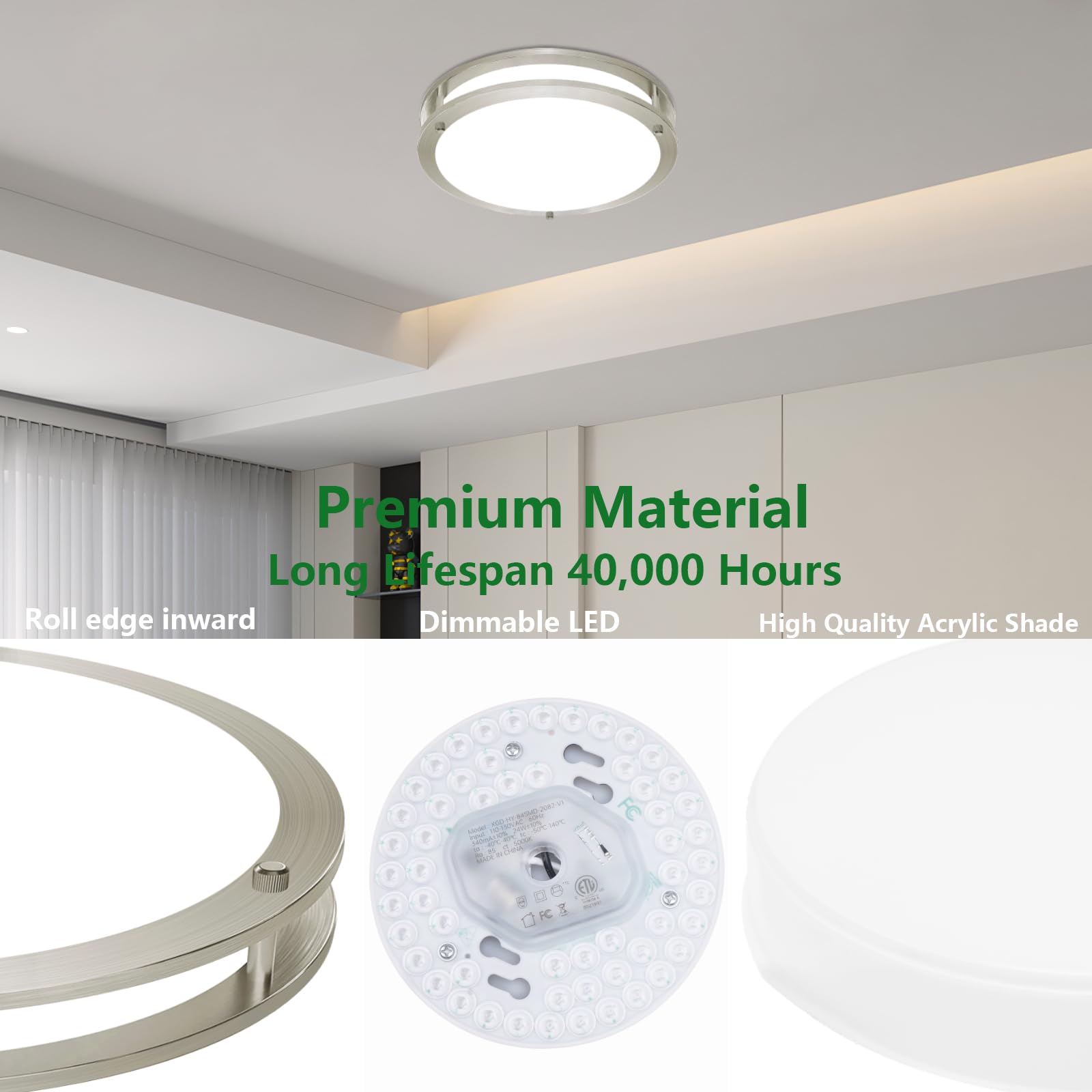 OOWOLF 10 Inch LED Ceiling Light, 24W Brightness Adjustable, Brushed Nickel, 2-Pack, Daylight White, Model CT65N2