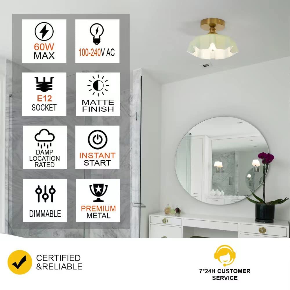 Dsmjfu Brass Semi Flush Mount Ceiling Light, Cute Small Green Glass Flush Mount Ceiling Light, Porch Ceiling Light Fixtures, Flo