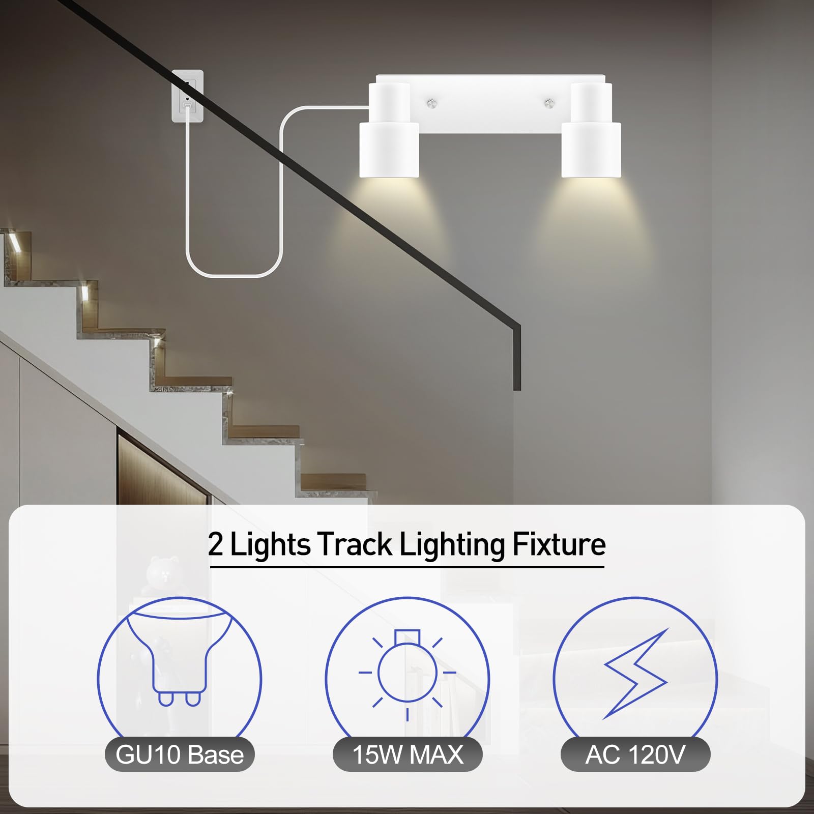 Plug In Track Lighting Fixtures Ceiling, White Track Light Led, 2-Light Track Lights With Cord, 2 Way Ceiling Spotlight, Rocker Switch, Rotatable Wall Mount Light For Kitchen/Bedroom,Bulb Not Included