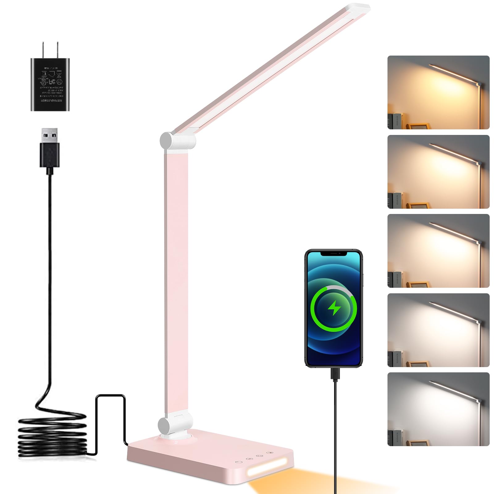 LED Desk Lamp with USB Ports,Touch Desk Lamps for Home Office with 5 Color Modes,3 Brightness Desk Light with Small Night Light,Reading Lamp Table Lamp for Bedroom Bedside Study Pink (with adapter)