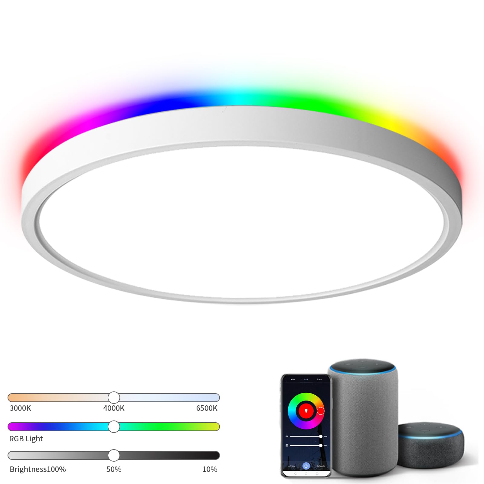 TALOYA 18 Inch Flush Mount Light Fixture Led,Compatible with Alexa Google Assistant Smart Life App,Sleek Round Ceiling Fixture,3