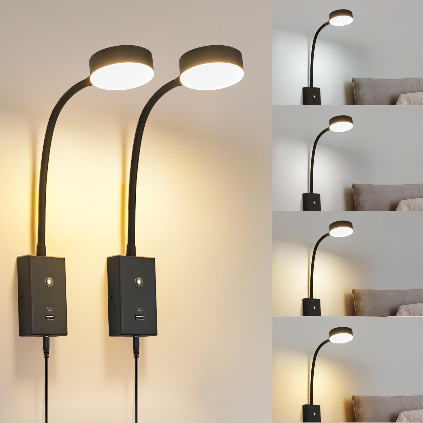NOVCAND LED Wall Mounted Reading Light for Bed 2Pack, Flexible Gooseneck Book Light for Wall Bedside Lamp with USB-A/C Output,To