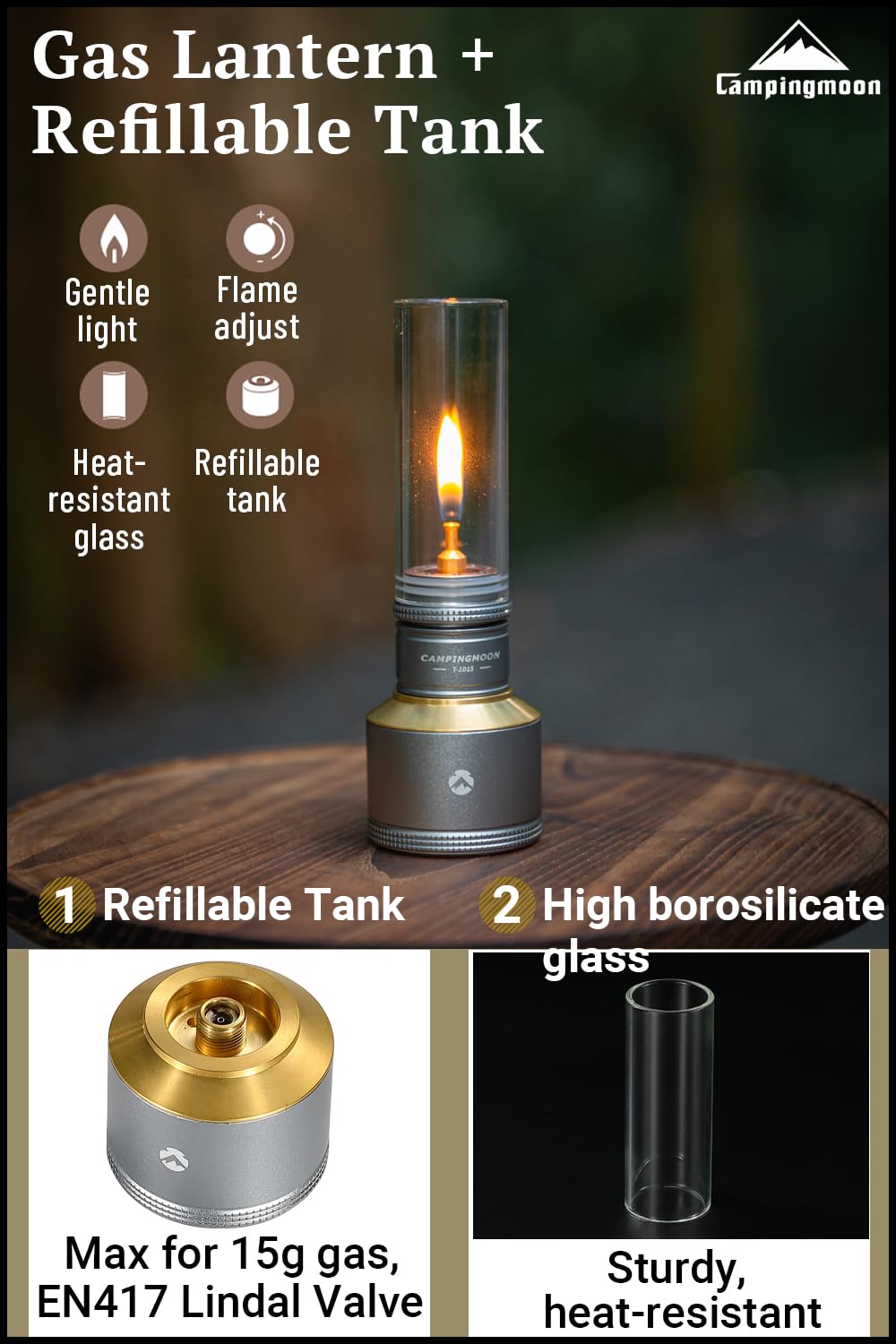 CAMPINGMOON Camping Gas Lantern T-1D15 - Silver Aluminum Lantern with Wooden Case
