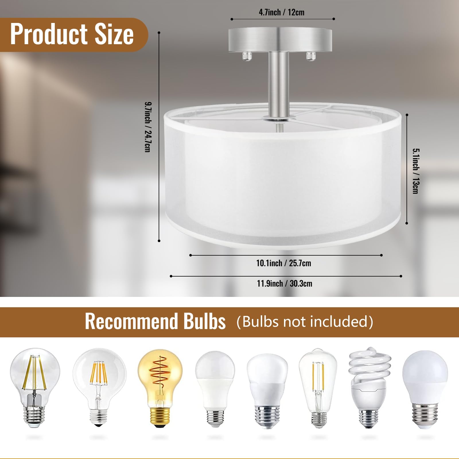Ceiling Light, 3-Light Ceiling Light Fixture, Semi Flush Mount Ceiling Light, Light Fixtures Ceiling Mount With Double Fabric Shade, Bedroom Lights For Ceiling,White Ceiling Light Fixtures For Bedroom