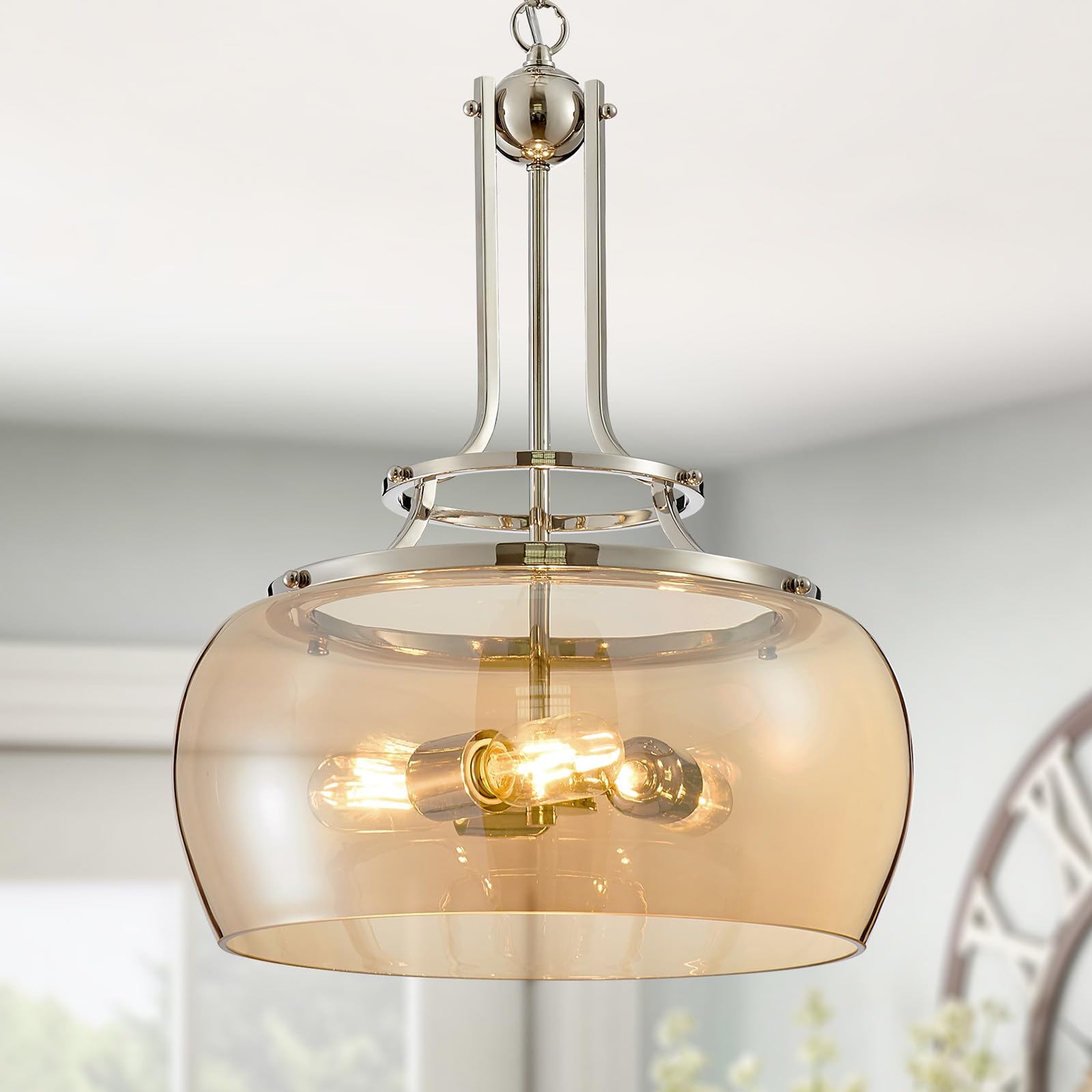 WUZUPS Nickel Chandelier LED Light Fixture, 3-Light Amber Glass Shade, H 20.9in W 15.9in, Rustic Farmhouse Industrial, Model USHD30308AR