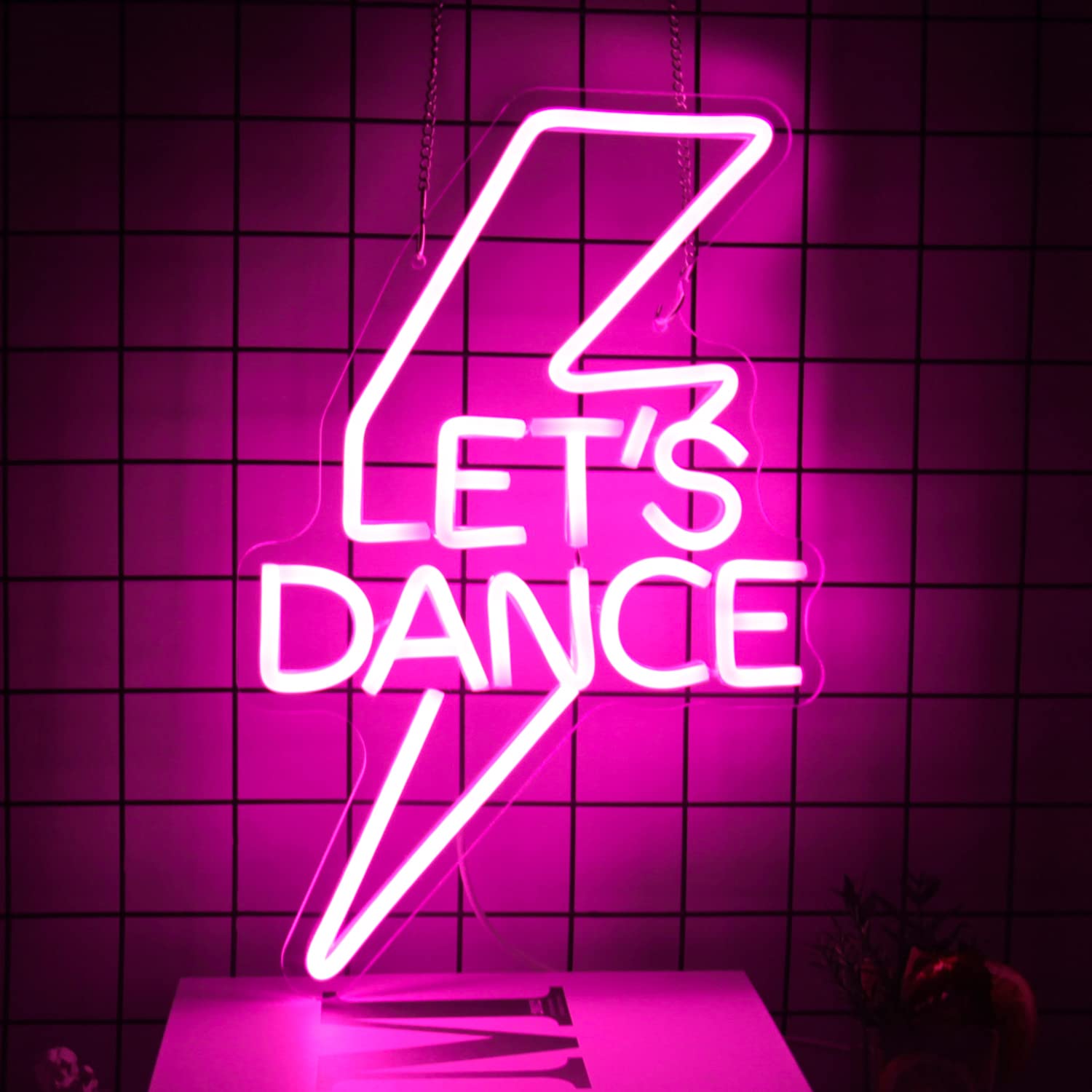 Let's Dance Neon Sign Pink Led Word Light Sign Lightning Bolt Neon Light Dance Light Up Signs Neon Wall Light Letter Neon Signs for Bedroom Bar Wedding Birthday Dancing Party Decor Girl Gifts