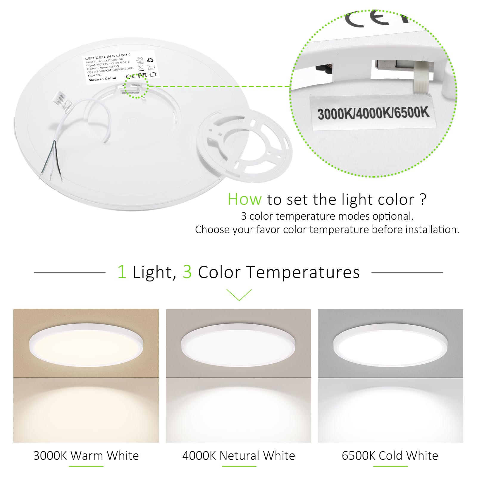 Lumllsaji 6 Pack Led Flush Mount Ceiling Light, 24W Ultra Thin Round White 3000K/4000K/6500K 3 Color Temperatures Adjusted 12 In
