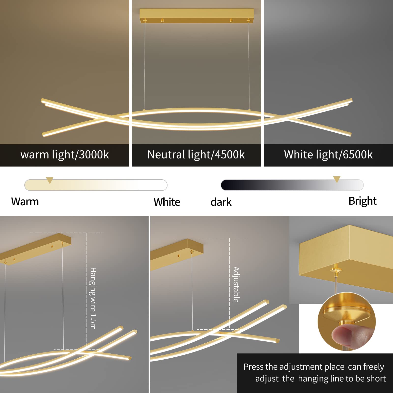 Modern Chandelier With 1%-100% Dimmable, Suitable For Dining Room, Bedroom And Living Room(Gold)