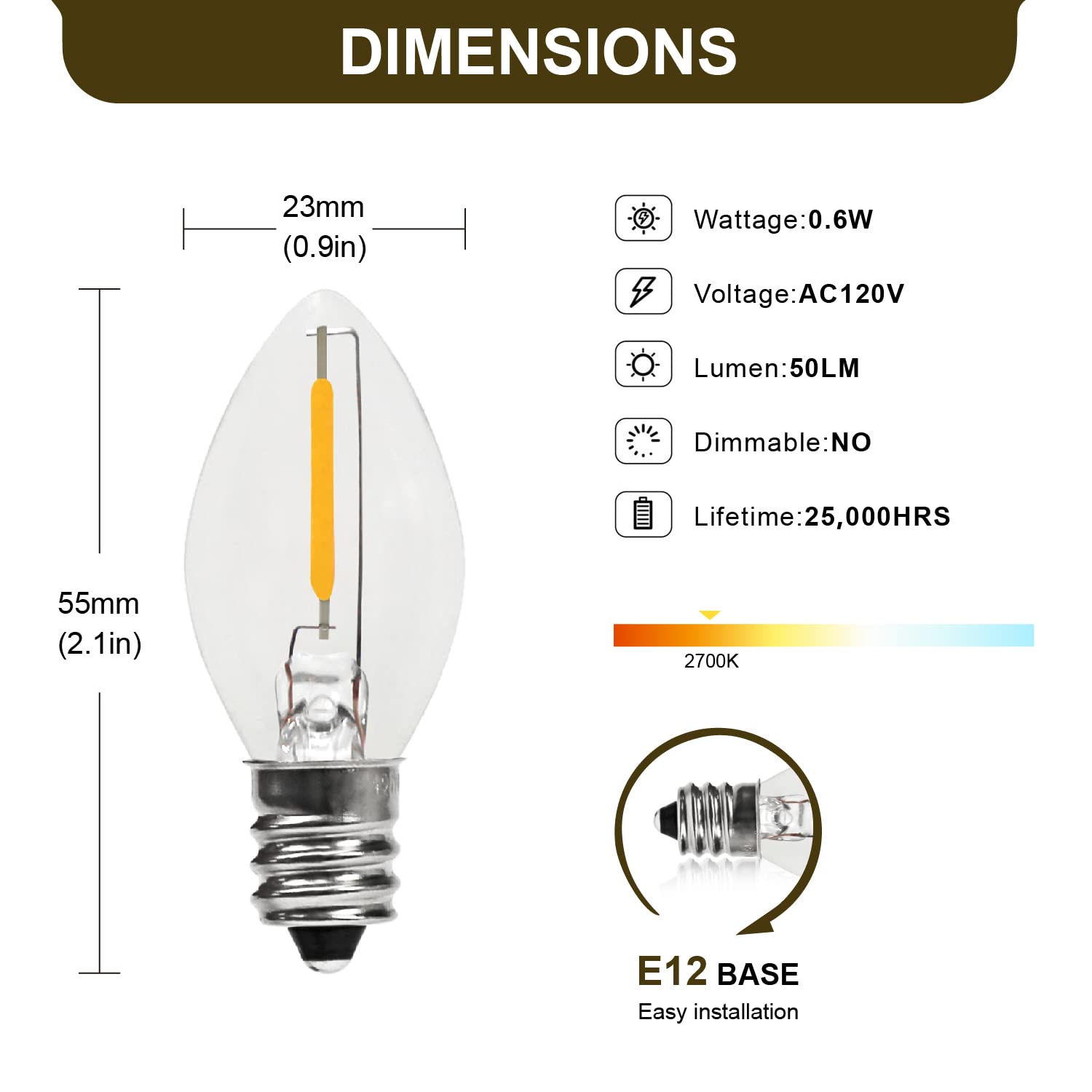 Yimilite C7 0.6W 2700K Featuring Standard E12 Led Bulb Candelabra Base Replacement Night Light 12 Pack