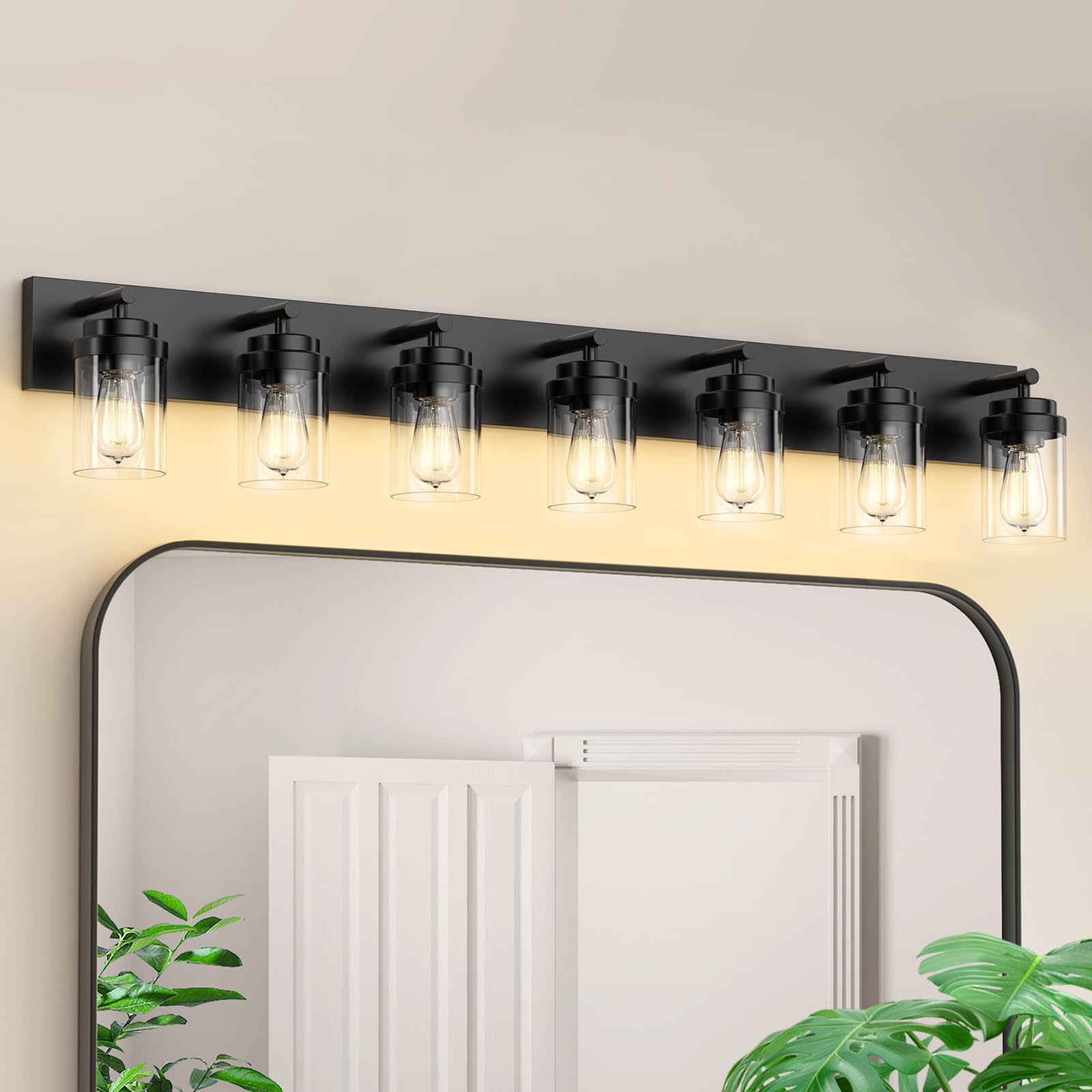 Izorro Bathroom Vanity Light Fixture  7-Light 51 Inch Matte Black Bathroom Light Fixtures Over Mirror  With Clear Glass Shade  Modern Farmhouse Vanity Lights  Rustic Restroom Lighting Fixtures