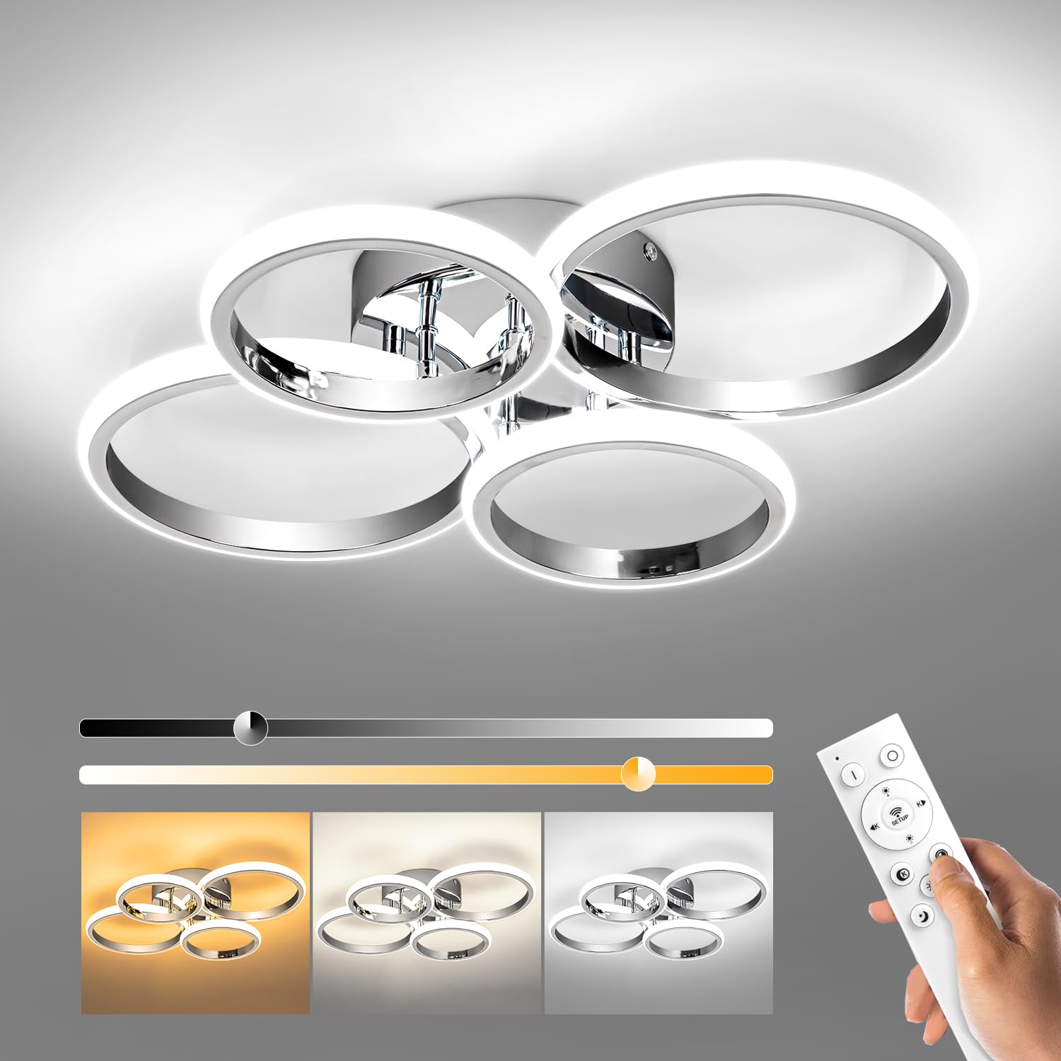 21.3In Chrome Modern Led Ceiling Light Fixture With Remote Control, 3000K-6500K 3-Color Dimming Circle Modern Ceiling Lamp Bedro