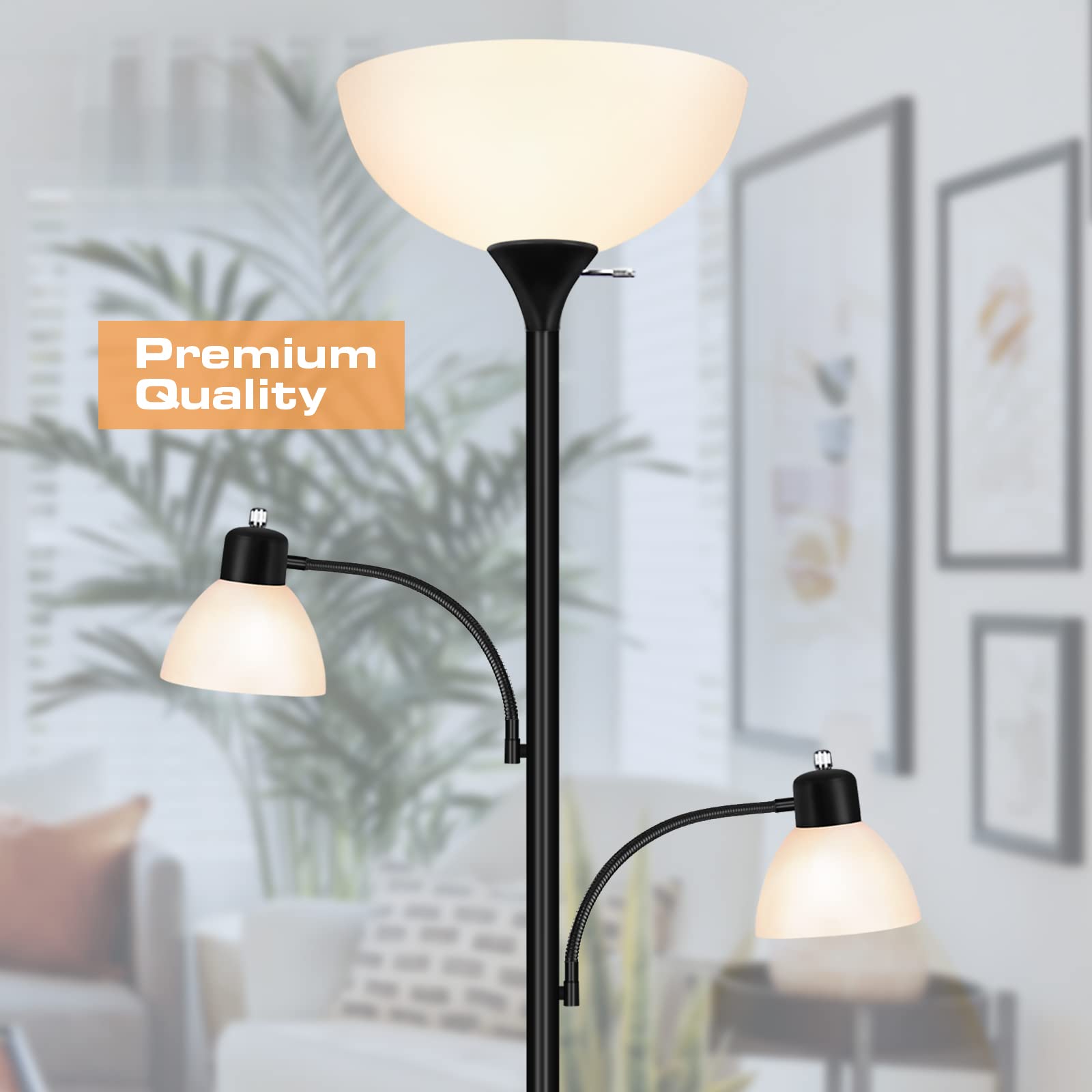 Luvkczc 72" Tall Torchiere Floor Lamp with 8W Adjustable Reading Lights, Black, Large, Model L-53008-04, 3 Bulbs Included