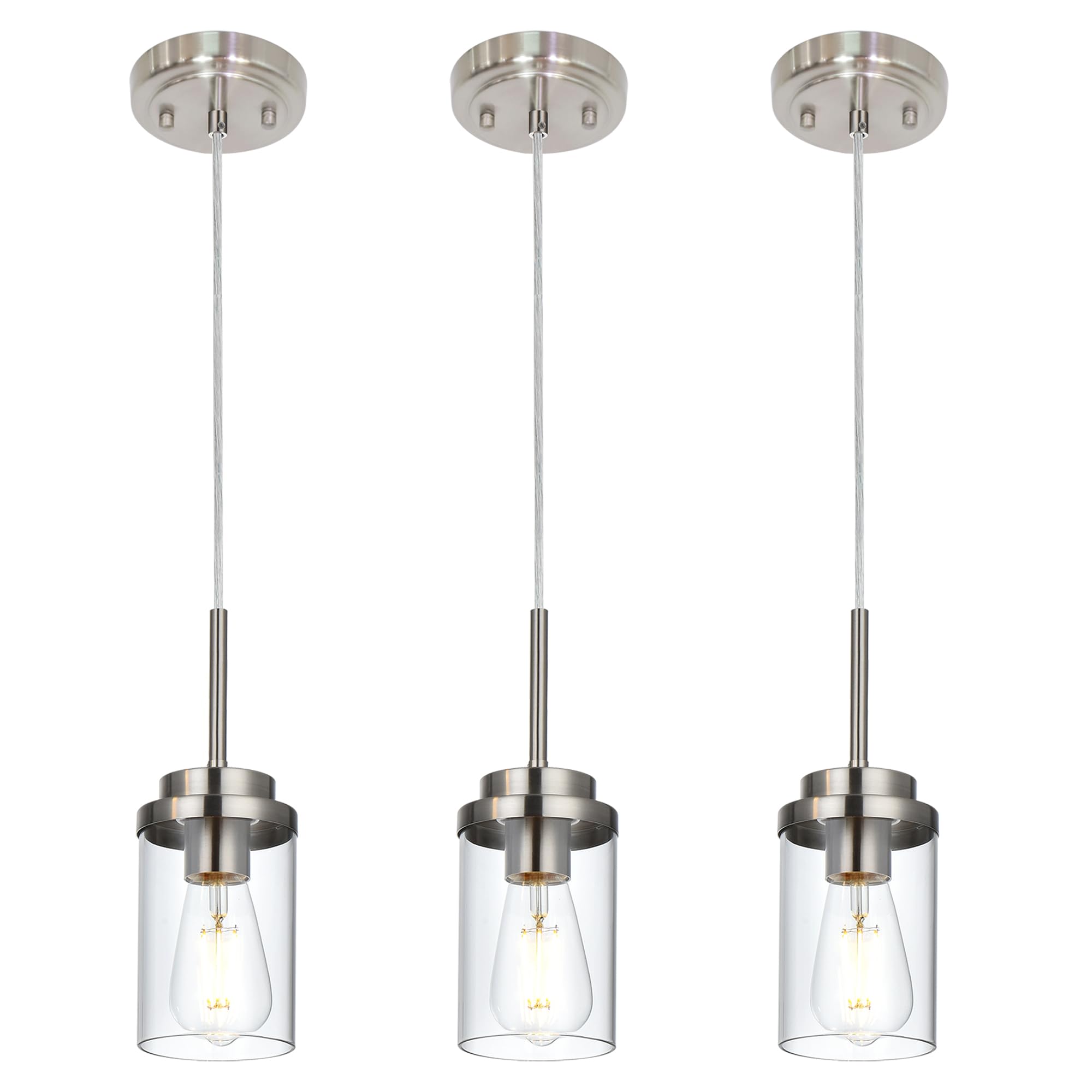 Melucee 3 Pack Hanging Pendant Lighting Fixtures Brushed Nickel  Adjustable Hanging Ceiling Lamp With Clear Glass Shade  Modern Pendant Light For Kitchen Island Dining Room Hallway
