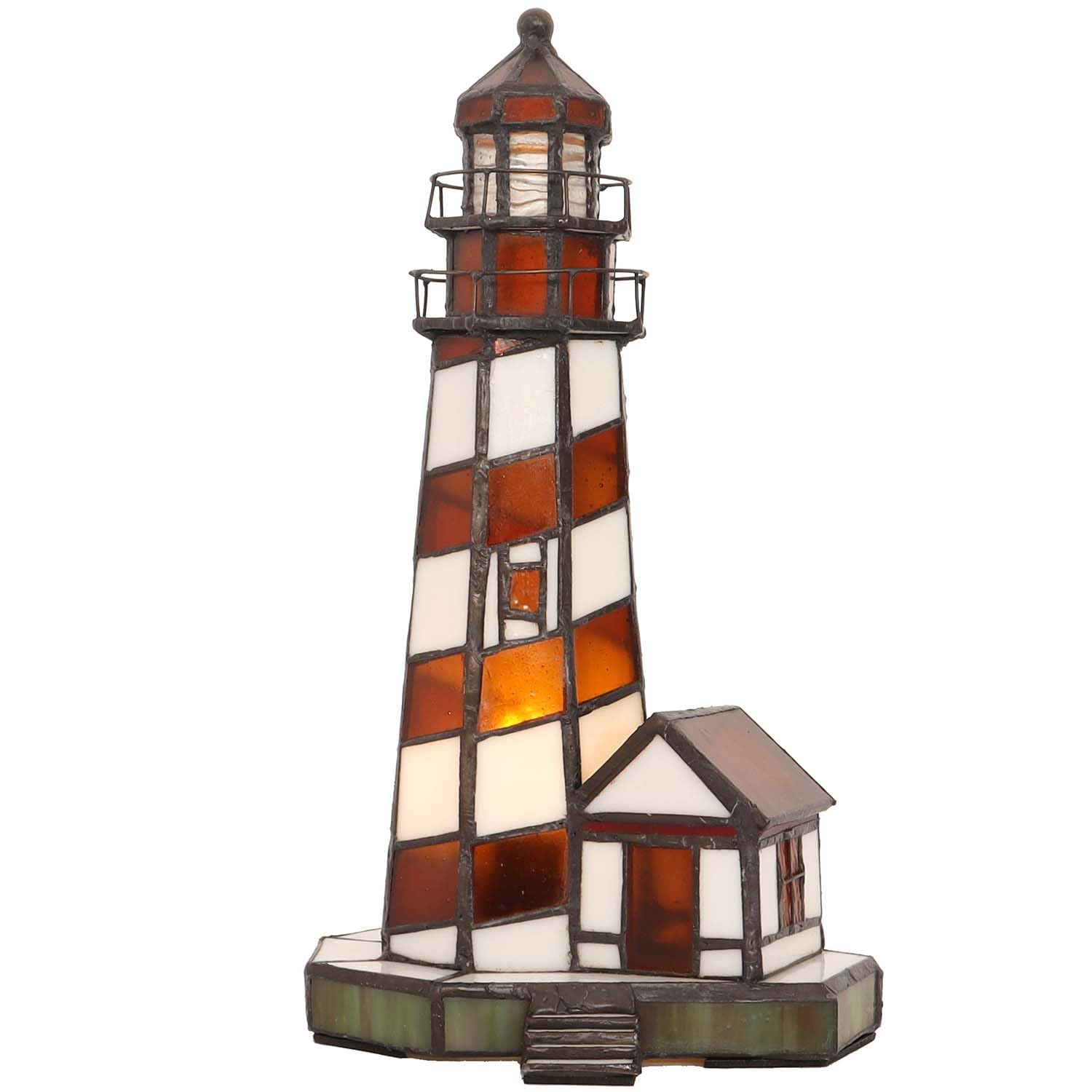 Bieye L10616 Lighthouse Tiffany Style Stained Glass Accent Table Lamp Night Light for Home Decoration (6x6x11, Amber)
