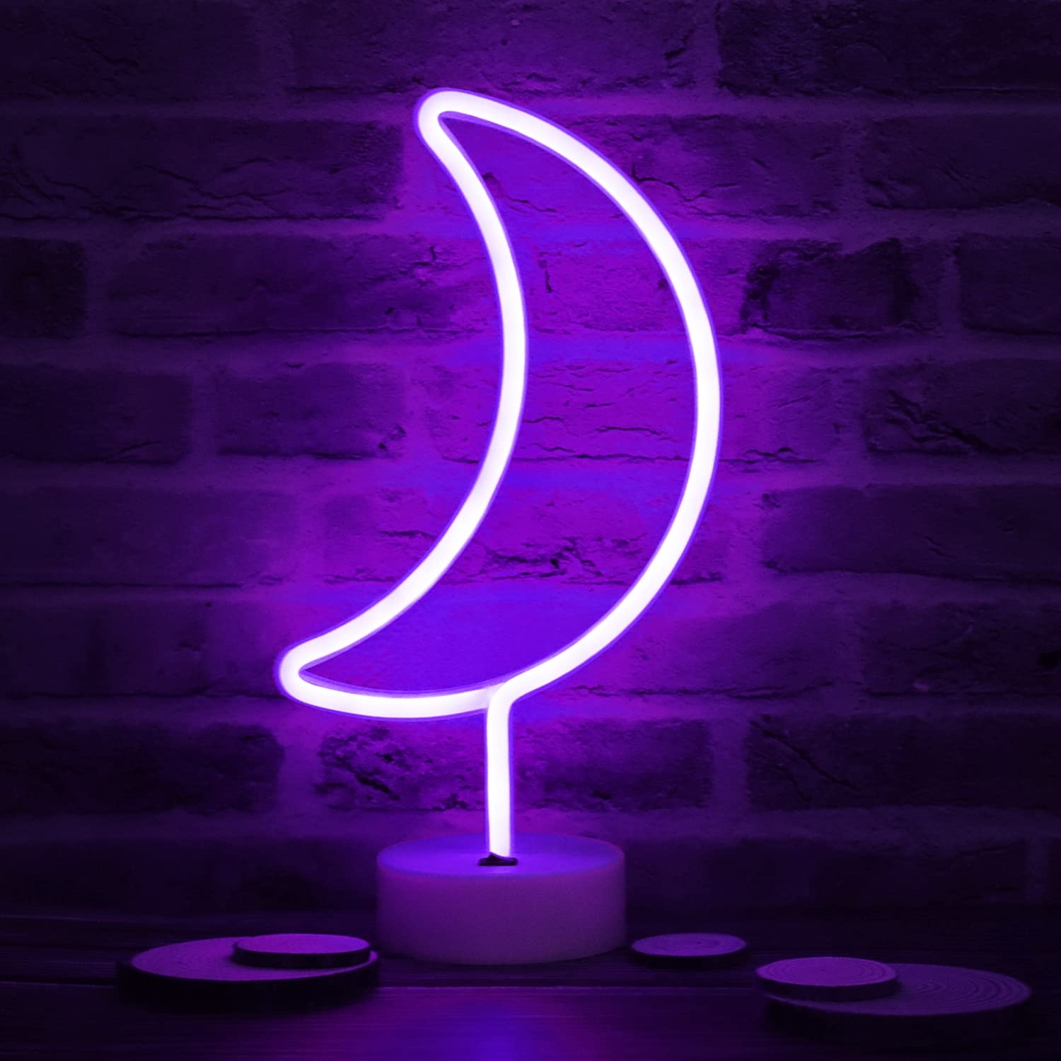 Vicila Led Moon Neon Signs Halloween Decor, Purple Crescent Night Lights Usb Battery Operated Moon Lamp For Birthday Party, Wedding, Christmas Decorations-Moon With Holder Base(Purple)