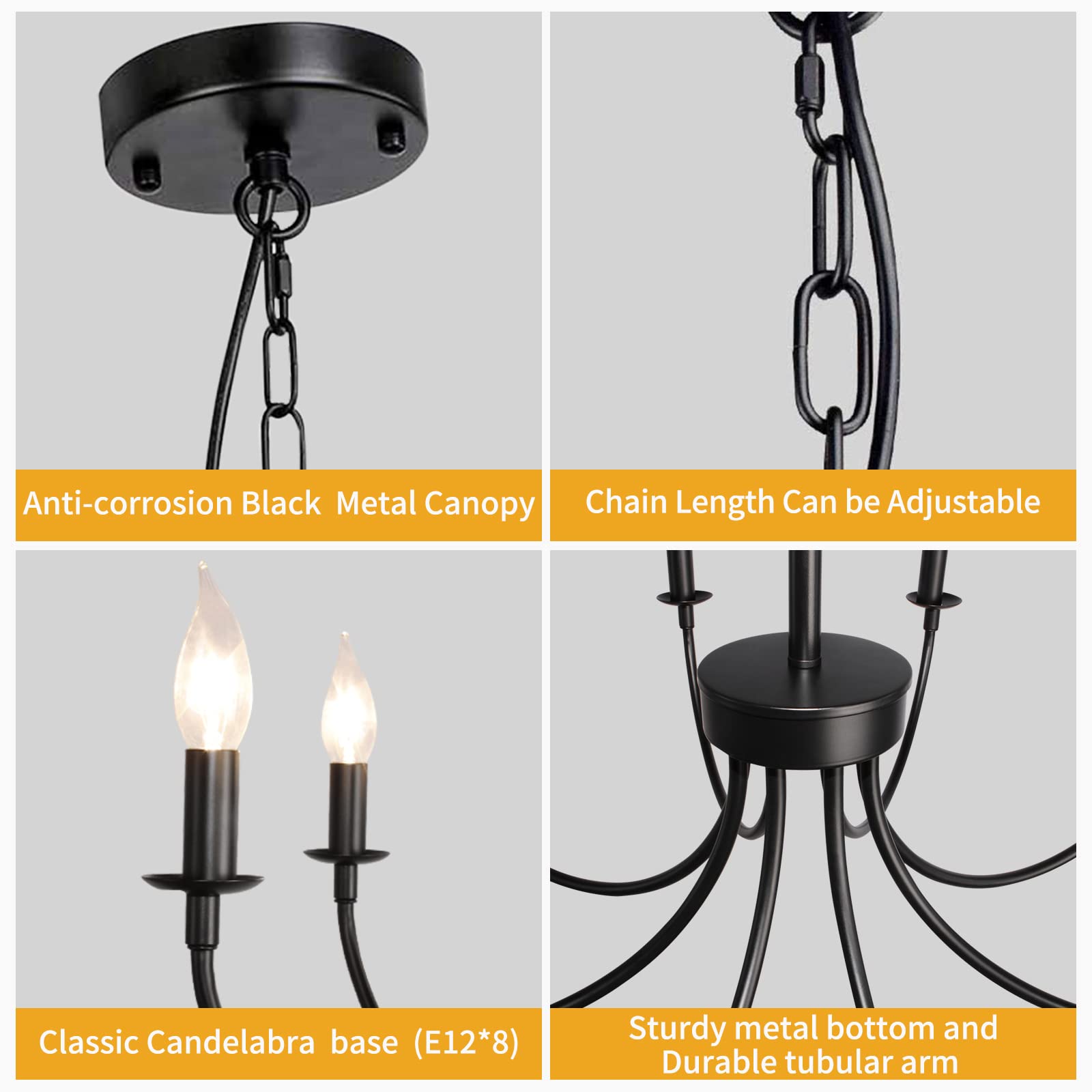 Rviezza Black Farmhouse Chandeliers, 8 Light Rustic Iron Chandeliers, Classic Candle Ceiling Hanging Pendant Light Fixture For Living Room, Kitchen Island, Foyer, Dining Room Lighting Fixtures