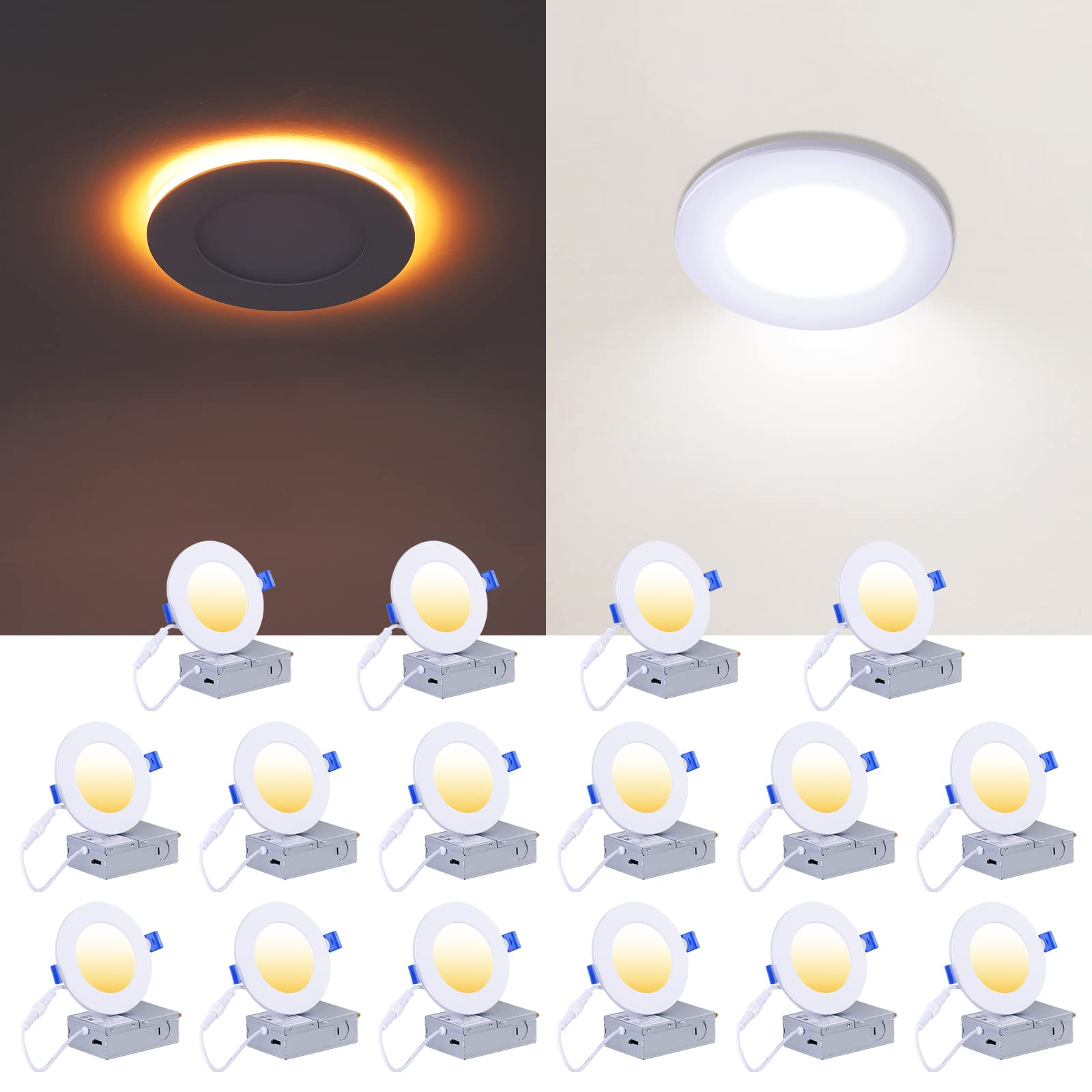 CycevSun 16 Pack 4 Inch LED Recessed Lights with Night Light - Canless Ultra Thin Wafer Downlight Soffit, Dimmable & 5 Color Tem