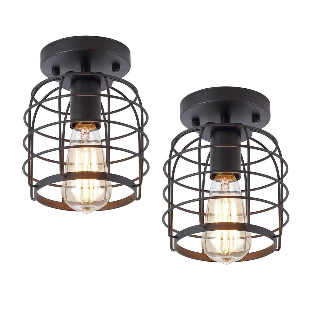 Create For Life® Industrial Vintage Flush Mount Ceiling Light,Rustic Metal Cage Semi Flush Mount Ceiling Lamp Fixture For Hallway Stairway Kitchen Garage, E26, Black Finish,2 Pack