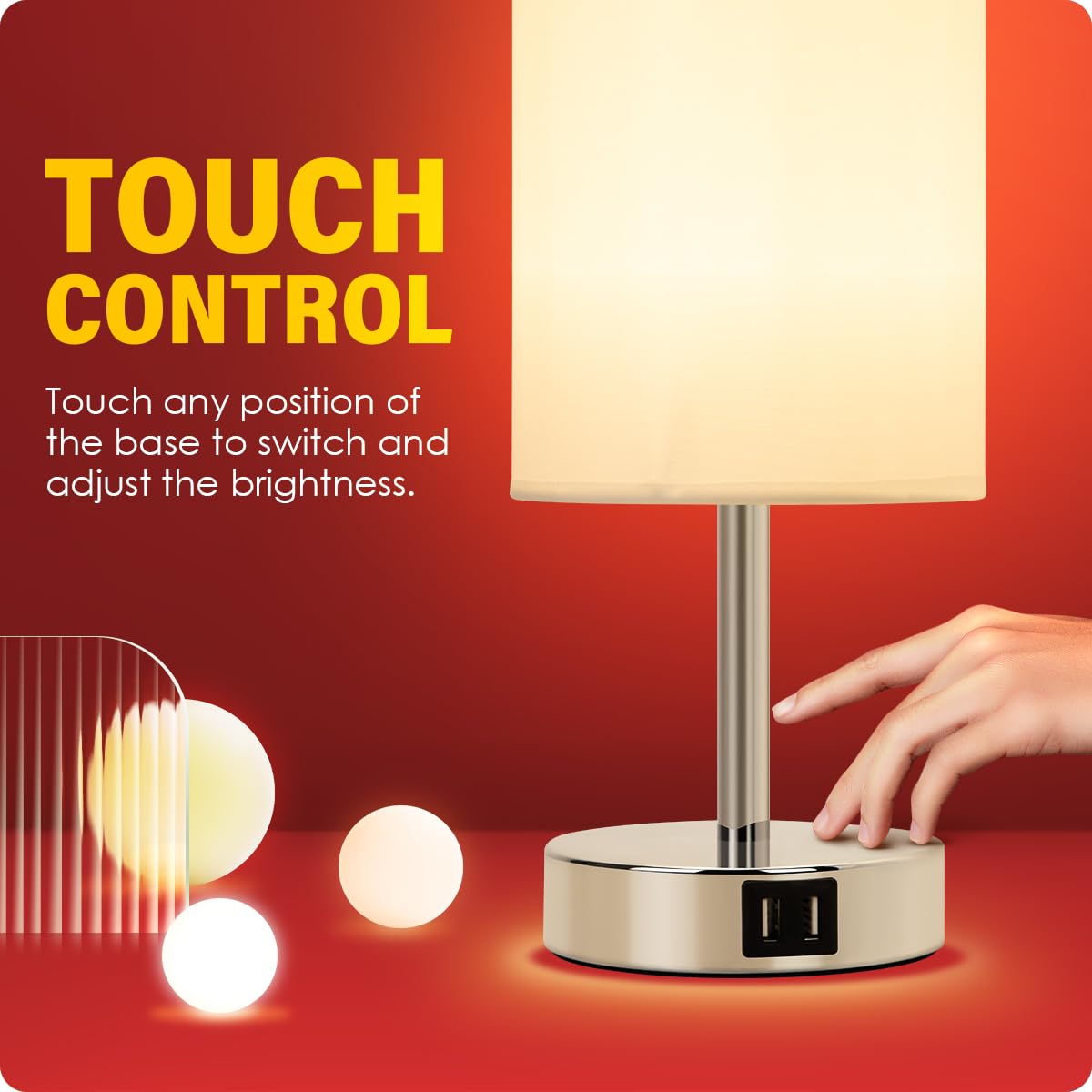 Yarra-Decor Bedside Lamps With Usb Port - Touch Control Table Lamp For Bedroom 3 Way Dimmable Nightstand Lamp Set Of 2 With Roun