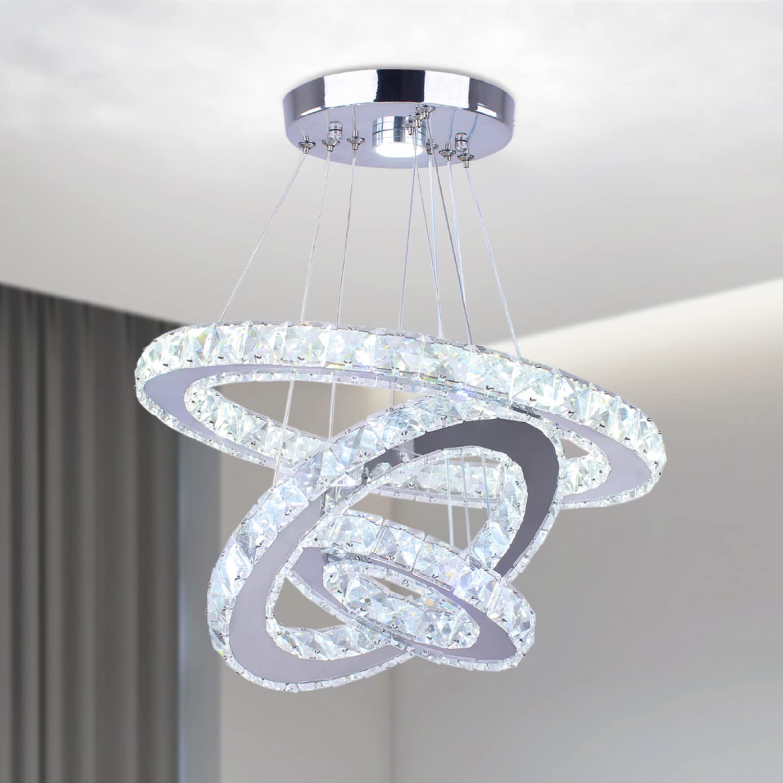 Cainjiazh Modern Crystal Chandelier 3 Rings LED Fixture Adjustable Ceiling Light for Dining Room, Bedroom, Living Room - Cool White, Model US-234YXDD-White