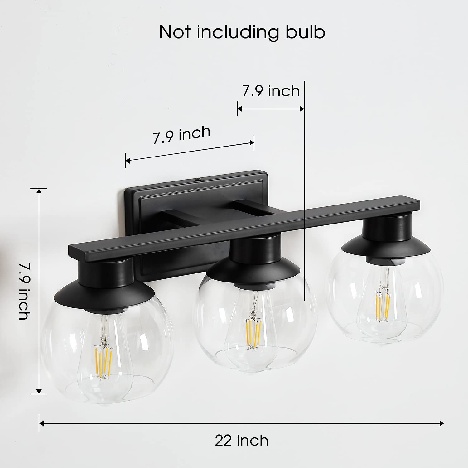 PAZALA 3 Light Vanity Lights for Bathroom, Globe Glass, Matte Black, E26 Base, 22 in, Perfect for Hallway & Mirror Lighting