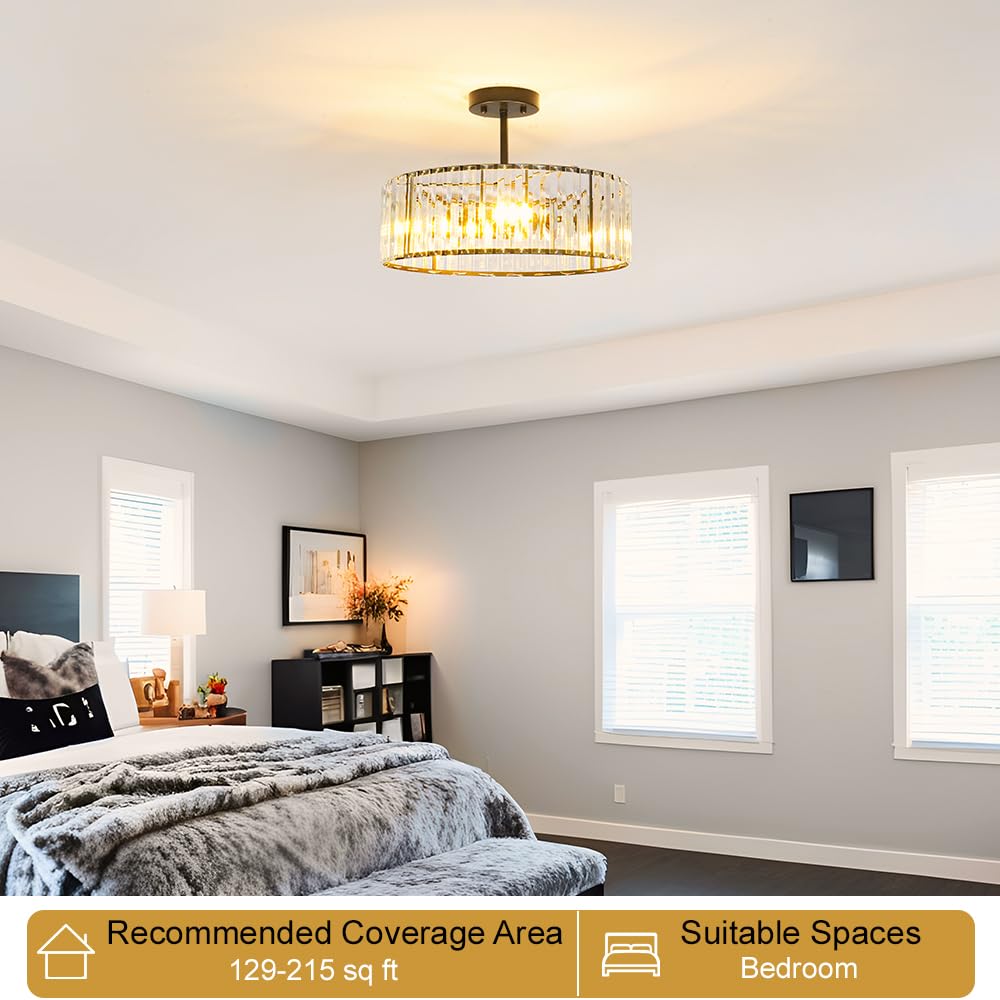 Modern Crystal Ceiling Light Fixture  Semi Flush Mount Ceiling Light  Matte Black Hallway Lighting Fixtures Chandelier  Crystal Chandelier For Kitchen Bedroom Dining Room Closet  5-Light  16 Inch